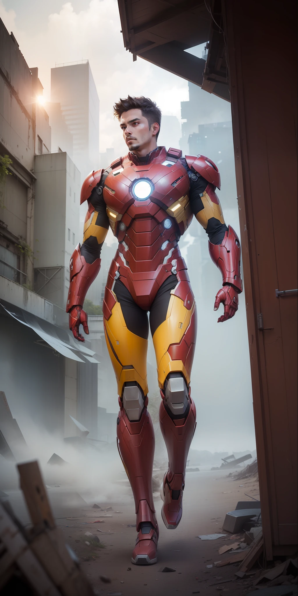 (1boy:1.3), solo,__body-parts__, official art, unity 8k wallpaper, ultra detailed, beautiful and aesthetic, beautiful, masterpiece, best quality, RAW, masterpiece, super fine photo,, best quality, super high Resolution, photorealistic, sunlight, full body portrait, stunningly beautiful,, dynamic pose, delicate face, vibrant eyes, (side view), she is wearing a futuristic Iron Man mech, red and gold, Highly detailed abandoned warehouse background, detailed face, detailed complex busy background, messy, gorgeous, milky, high detailed skin, realistic skin details, visible pores, sharp focus, volumetric fog, 8k uhd, dslr camera, High quality, film grain, fair skin, photorealism, lomography, sprawling metropolis in a futuristic dystopia, view from below, translucent