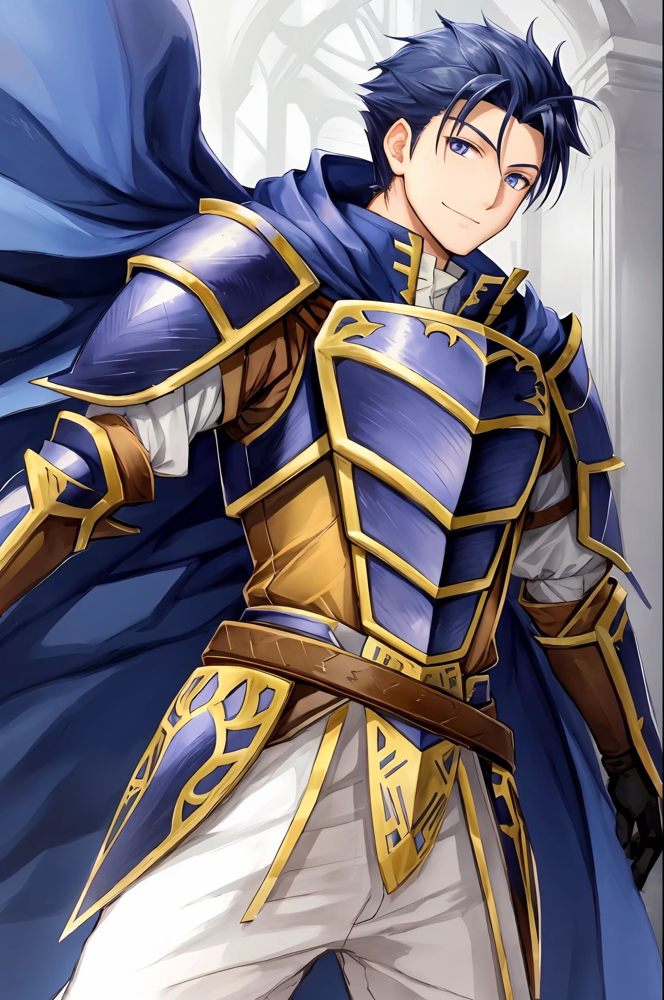 Hector Fey, solo, looking at the viewer, smiles, glove, 1boy, Male focus, cloak, armour, Shoulder armor, from below