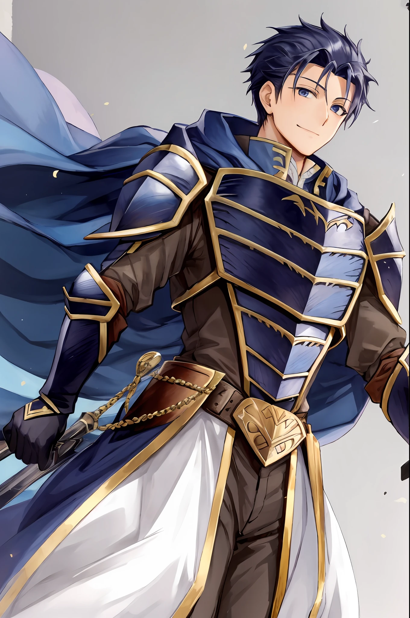 Hector Fey， solo， looking at the viewer， smiles， glove， 1boy， Male focus， cloak， armour， Shoulder armor， from below