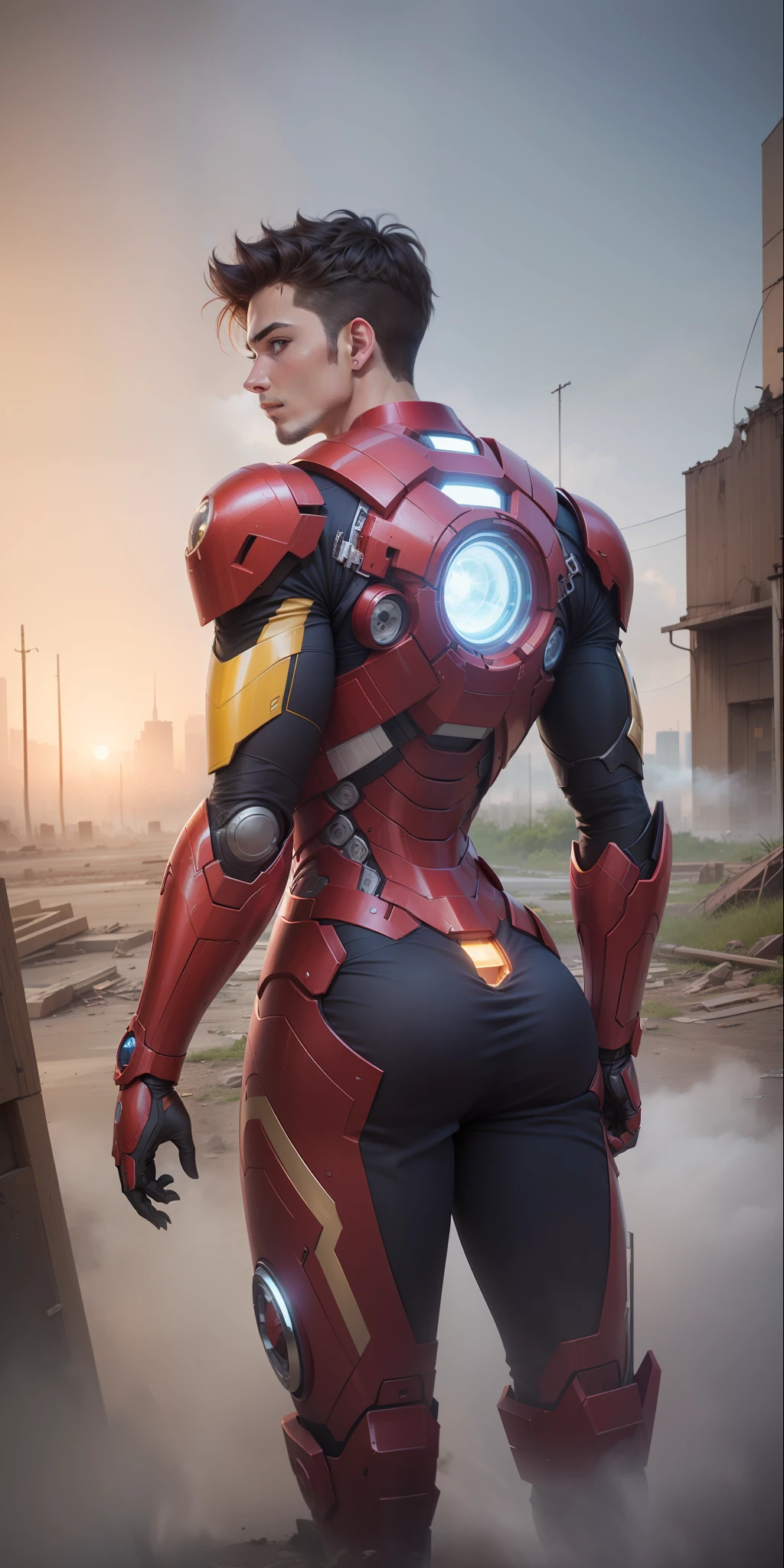 (1boy:1.3), solo,__body-parts__, official art, unity 8k wallpaper, ultra detailed, beautiful and aesthetic, beautiful, masterpiece, best quality, RAW, masterpiece, super fine photo,, best quality, super high Resolution, photorealistic, sunlight, full body portrait, stunningly beautiful,, dynamic pose, delicate face, vibrant eyes, (side view), she is wearing a futuristic Iron Man mech, red and gold, Highly detailed abandoned warehouse background, detailed face, detailed complex busy background, messy, gorgeous, milky, high detailed skin, realistic skin details, visible pores, sharp focus, volumetric fog, 8k uhd, dslr camera, High quality, film grain, fair skin, photorealism, lomography, sprawling metropolis in a futuristic dystopia, view from below, translucent