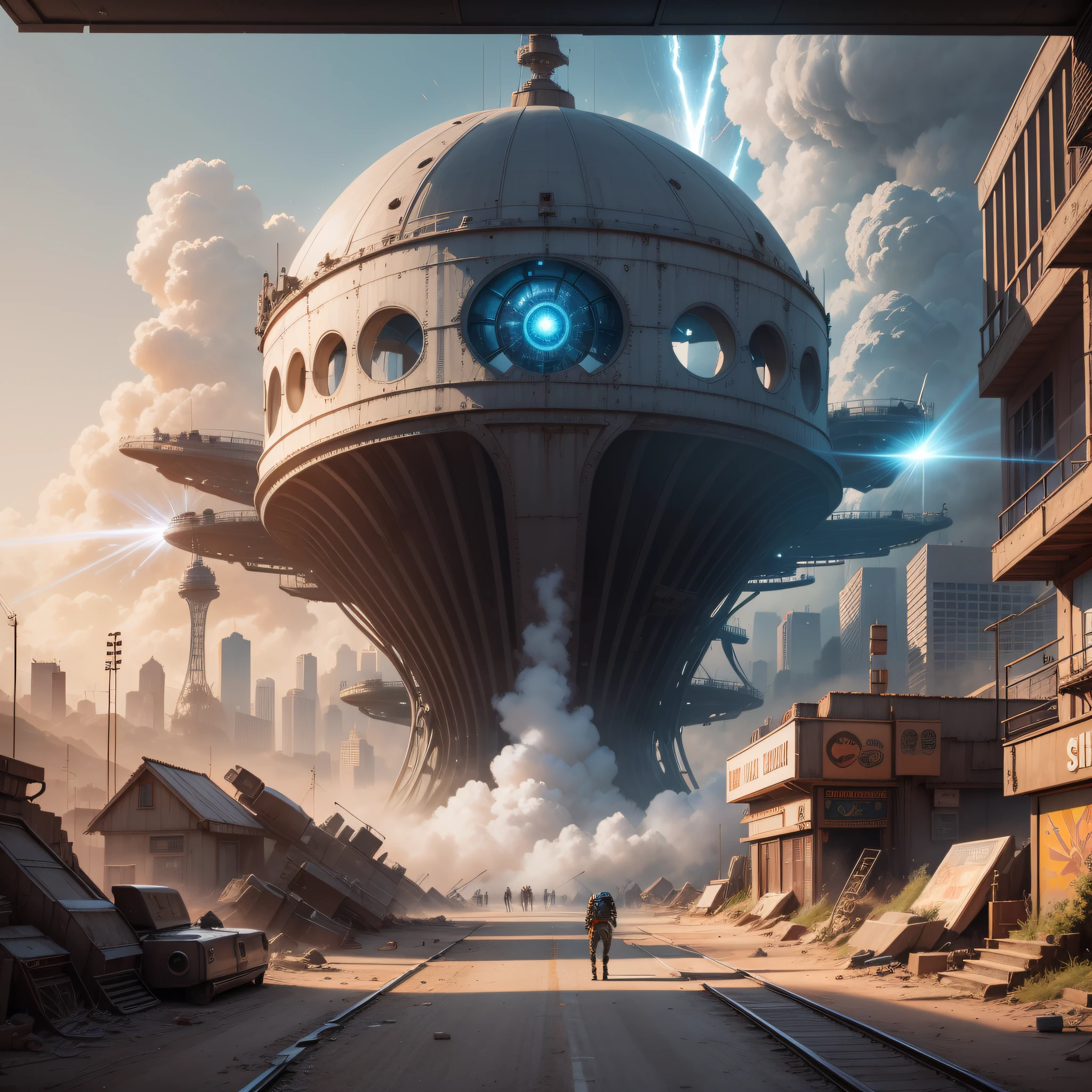Masterpieces, Best quality, Beutiful art splash, clasic, half-body, super detail costum, attack, atmosfer, alien Starship attack city, laser, kaboom, soft color, focusing on people, depth of field, ray trace, isometric, octane, Hyperrealistic, 8K resolution