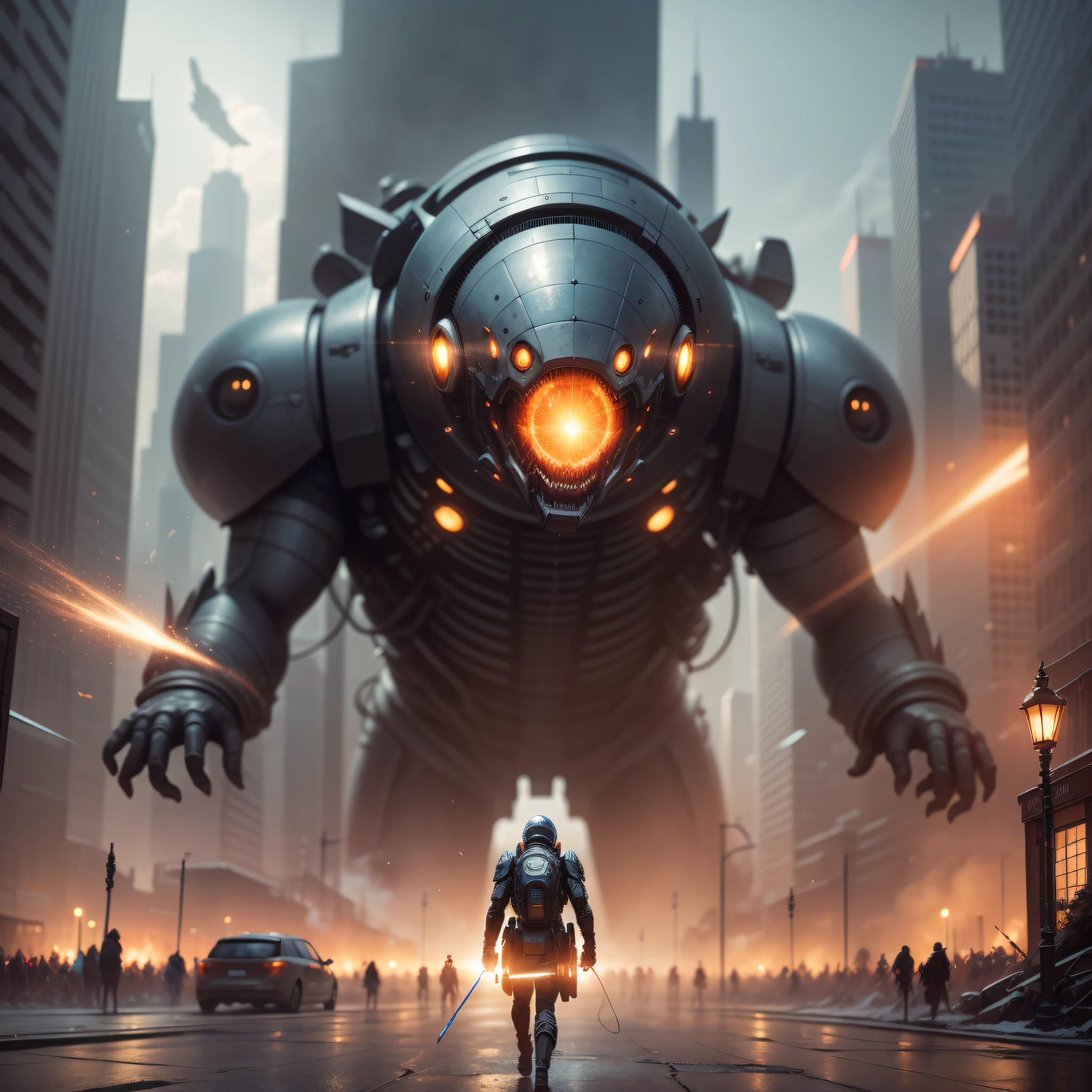 Masterpieces, Best quality, Beutiful art splash, clasic, half-body, super detail costum, attack, atmosfer, alien Starship attack city, laser, kaboom, soft color, focusing on people, depth of field, ray trace, isometric, octane, Hyperrealistic, 8K resolution