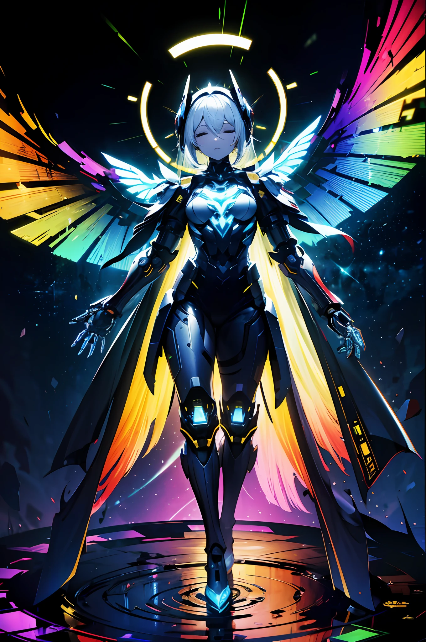 top quality, master masterpiece, absurdres, Highly detailed 8K wallpapers, BREAK, (High Contrast RGB Effects, Rainbow Color Mechanical Wings), BREAK, (High Contrast RGB Effects, LED Effects, Kaleidoscope effect, Shining Effect, Glitter RGB effect), (Ripple Effect:1.2), BREAK, Beautiful Mechanical Girl, (Perfect five fingers), (Close your eyes:1.1), BREAK, (mechanical joint, Mechanical limbs and fingers, Exoskeleton spine and coccyx:1.2), (Mechanical halo), full body, Fantastic starry sky, (symmetry), outstretched_arms,