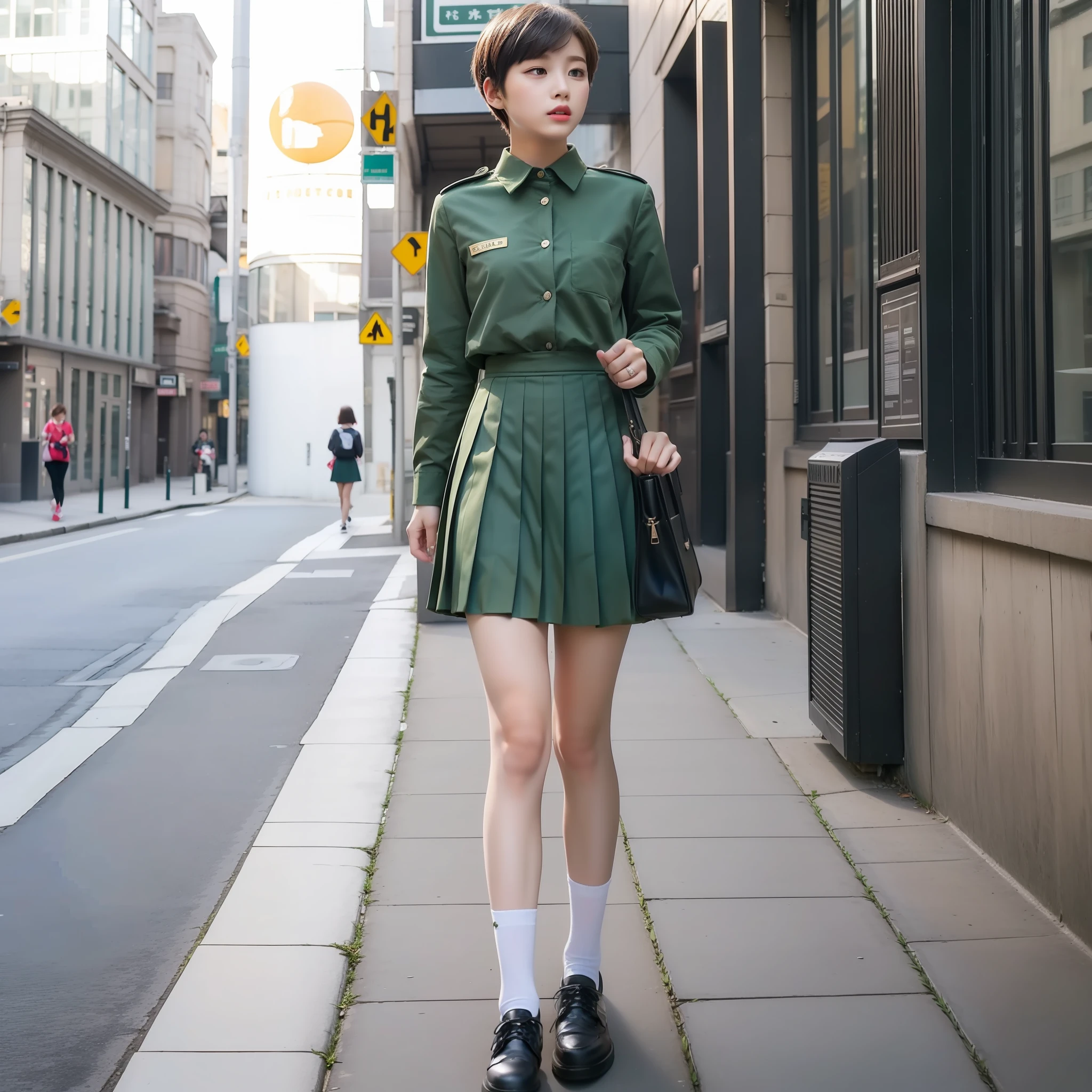 Female high school student，Pixie cut，Dark green uniform shirt，（（Black pleated skirt:1.5）），Endorsement bag，Walking on the street,Long legs