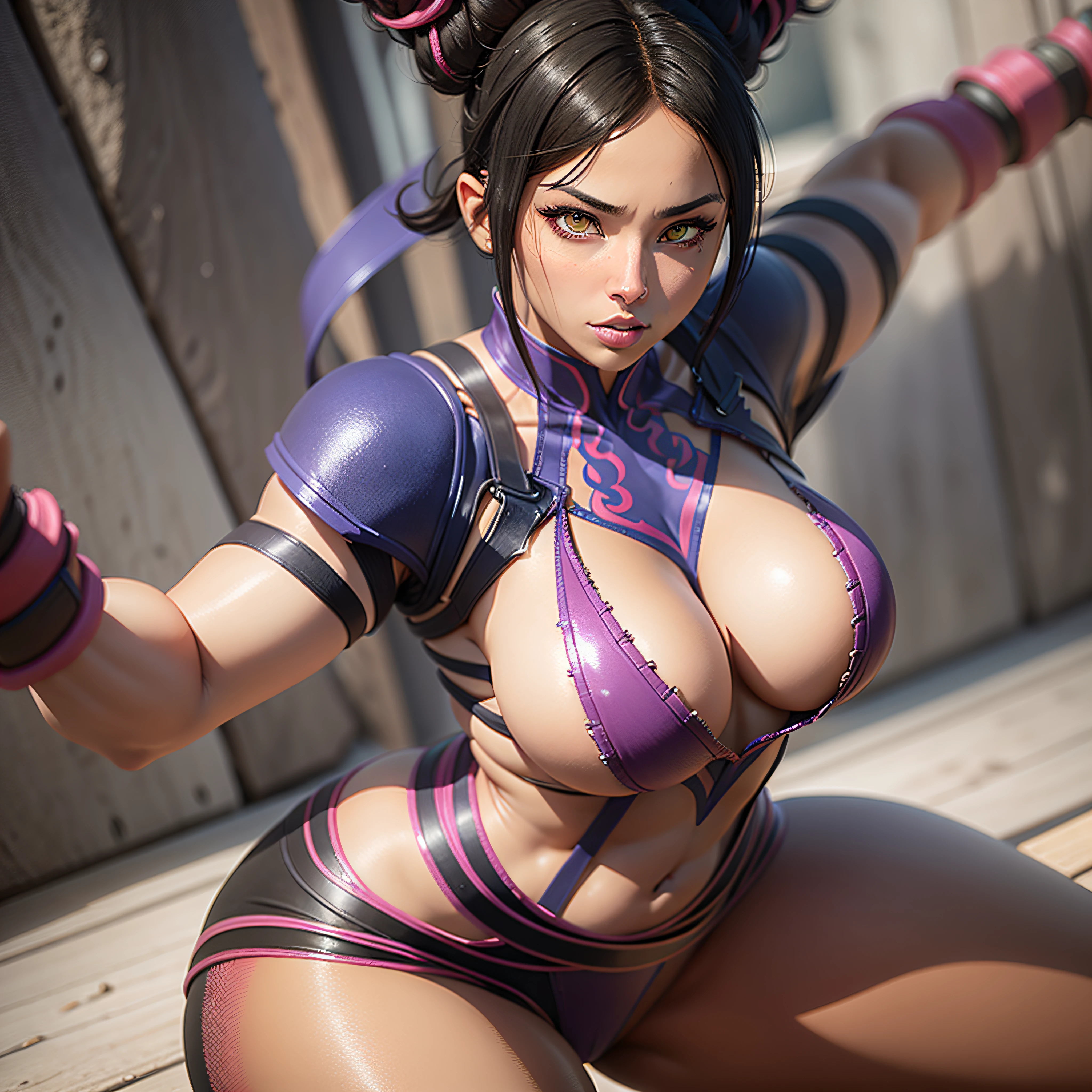 A black American woman with fabulous curves, with naturally formed and secure breasts, for a more voluptuous and attractive bust, thick thighs, performing a ryu shouryuken from street fighter 2, 3d render in 8k, best quality, masterpiece, nikon, realistic light and shadows, 8k, ray tracing, NVIDIA, unreal engine 5