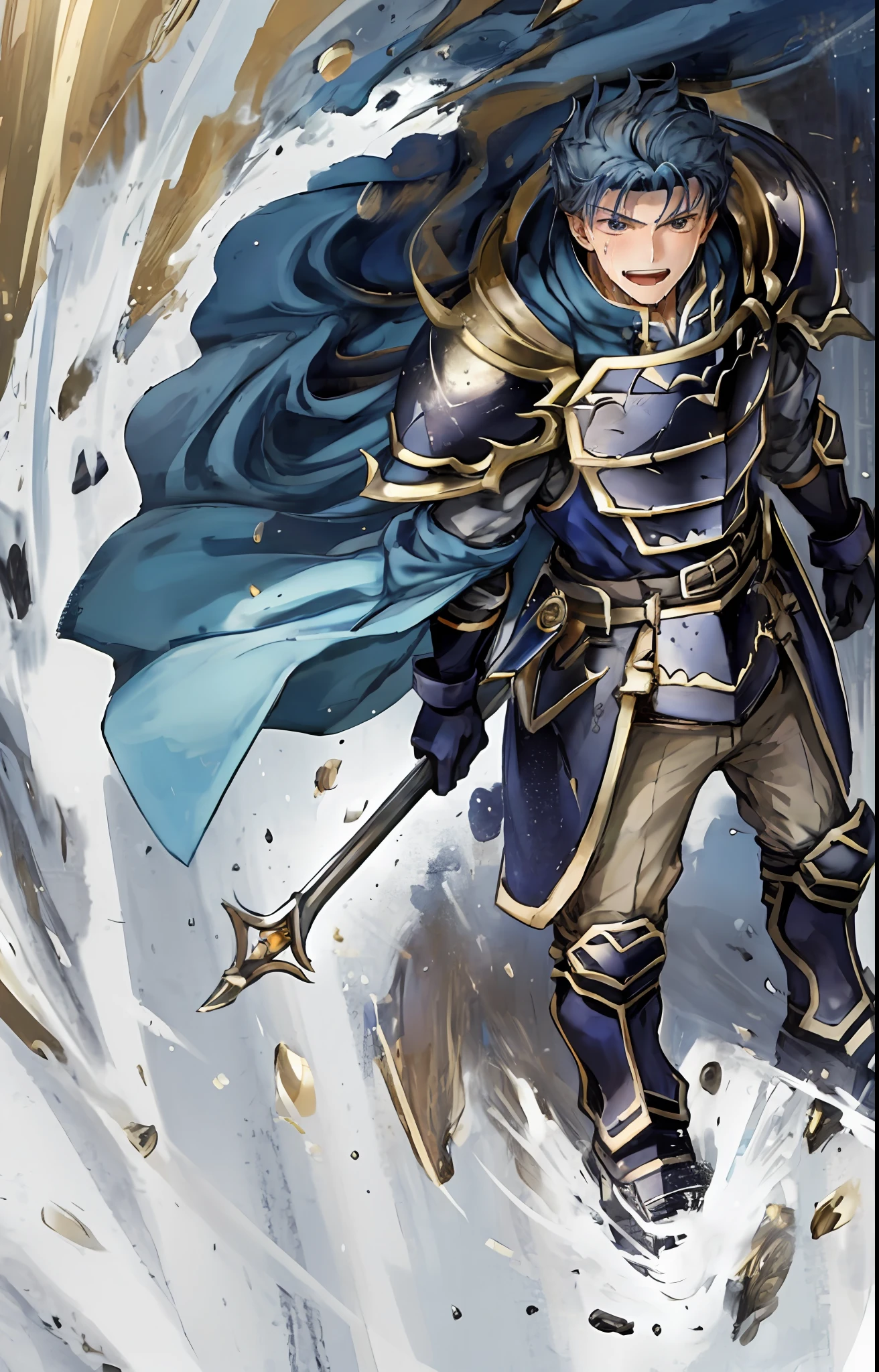 Hector Fey, soloist, looking at the audience, smiling, open mouth, sweating, drenching, wet, drooling, gloves, 1boy, blue hair, male focus, cape, armor, from below,