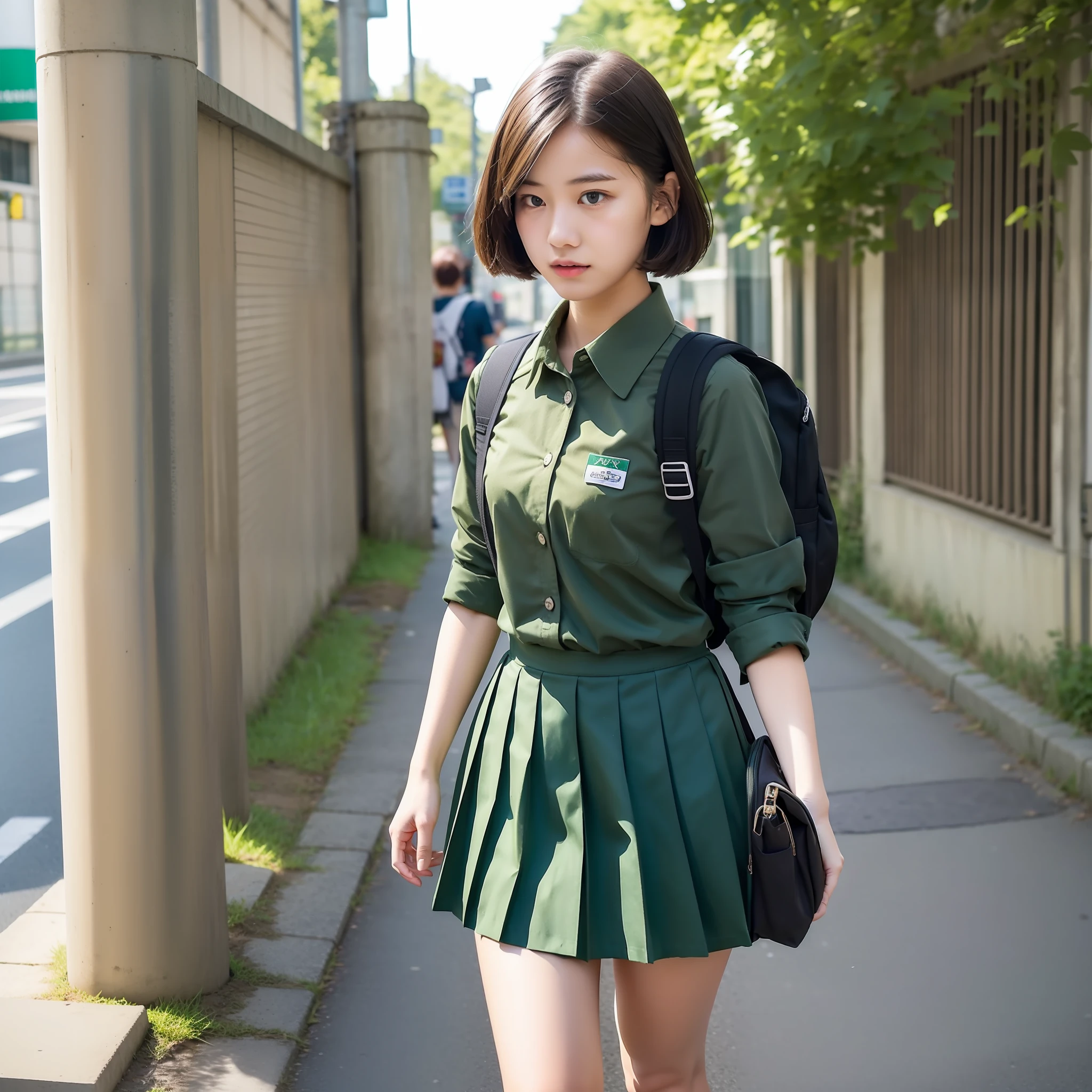 Female high school student, short hair, dark green uniform shirt, black pleated skirt, backpack, walking on the road,