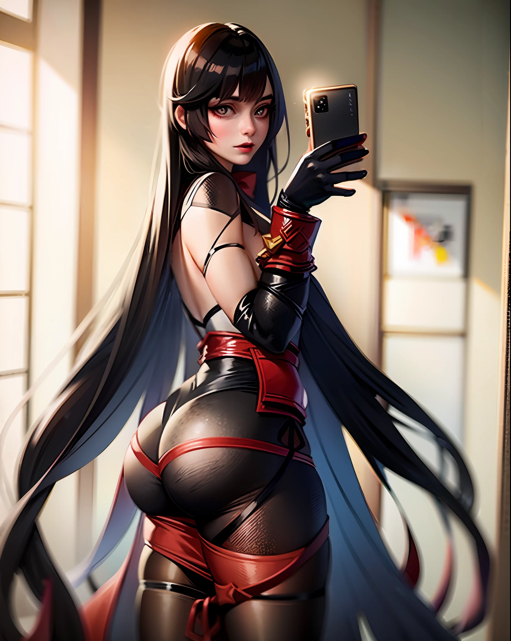 araffe in a black and red outfit taking a selfie, goth ninja, Traje ninja, Thicc, negro y rojo, Akali de League of Legends, Irelia de League of Legends, Intrigante atuendo, Vestimenta ajustada, Traje ajustado, Anime Girl Cosplay, rojo y negro, epic ninja suit, cosplay, Chica de anime en la vida real, Traje rojo y negro!!!