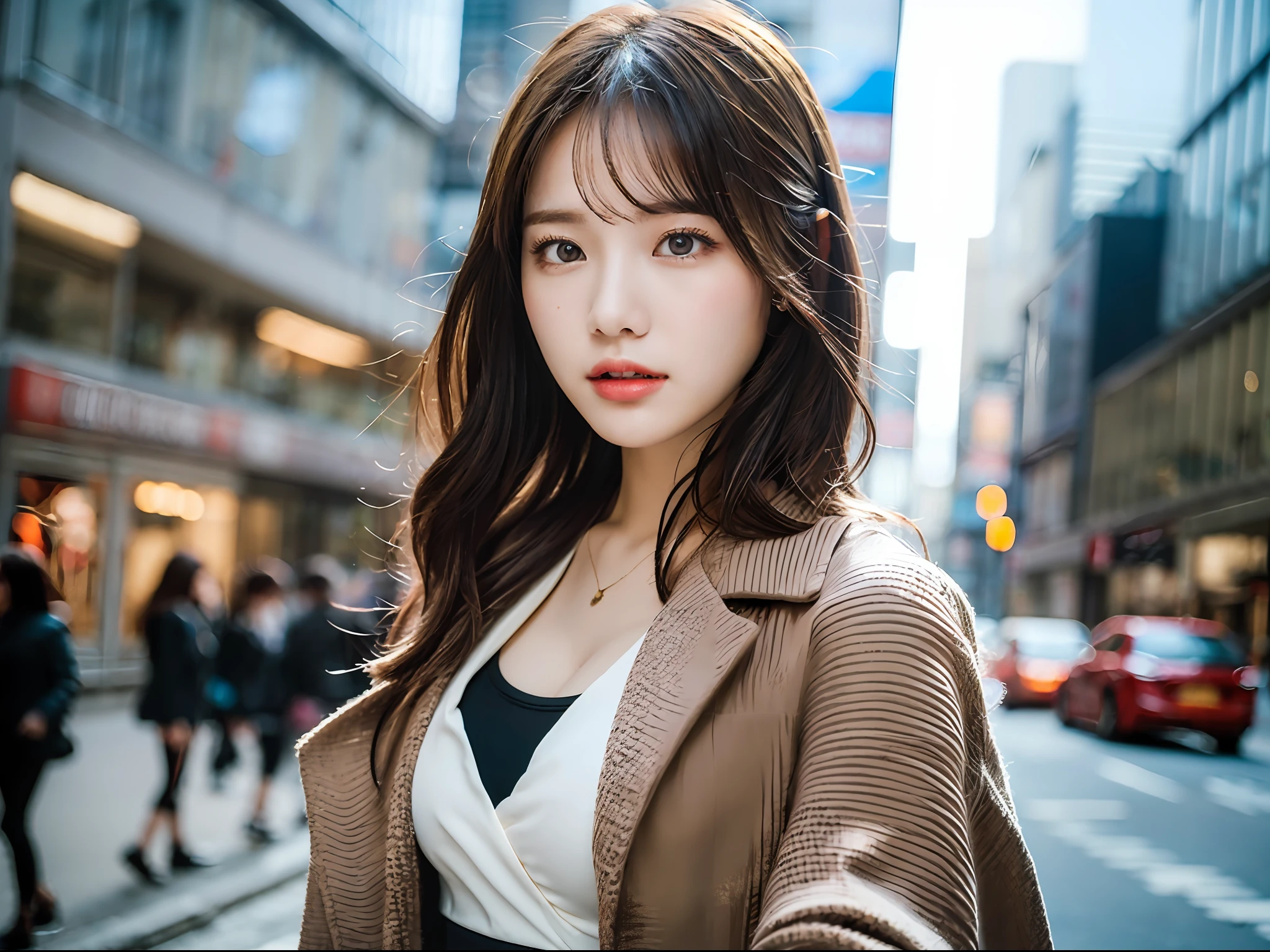 best-quality,masterpiece,Ultra High Resolution,Ultra-fine illustration,(Bust shot),((In the city during the day)),(((only girl))),(Flash photography),(((Beautiful girl))),((Background blur))