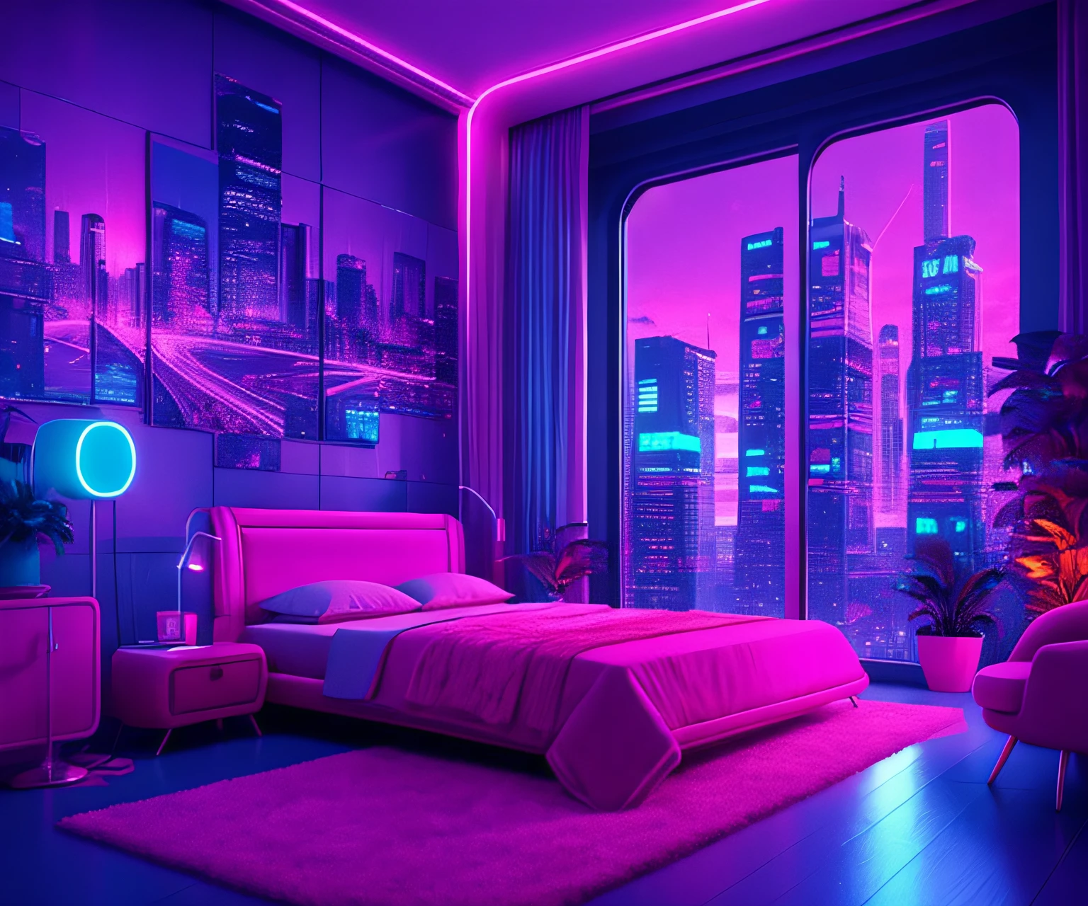 ((masterpiece)), (ultra-detailed), (intricate details), (high resolution CGI artwork 8k), Create an image of a small retro-futuristic and realistic vaporwave cyberpunk (bedroom) at night time. One of the walls should feature a big window with a busy, colorful, and detailed (cyberpunk), synthwave, neon cityscape. The city should have a futuristic style with lots of colors, neon lights, signs, and differently-sized buildings. The cityscape should be extremely detailed with depth of field. The city should have a lot of visual interest with many small details. Utilize atmospheric and ambient lighting to create depth and evoke the feel of a busy futuristic city outside the window. Pay close attention to details like intricate, hires eyes and 90s bedroom accents. Camera: wide shot showing the bed or desk and the window. The window should be the focal point of the image. Lighting: use atmospheric and volumetric lighting to enhance the cityscape details. The room should be illuminated by the neon lights from the cityscape.