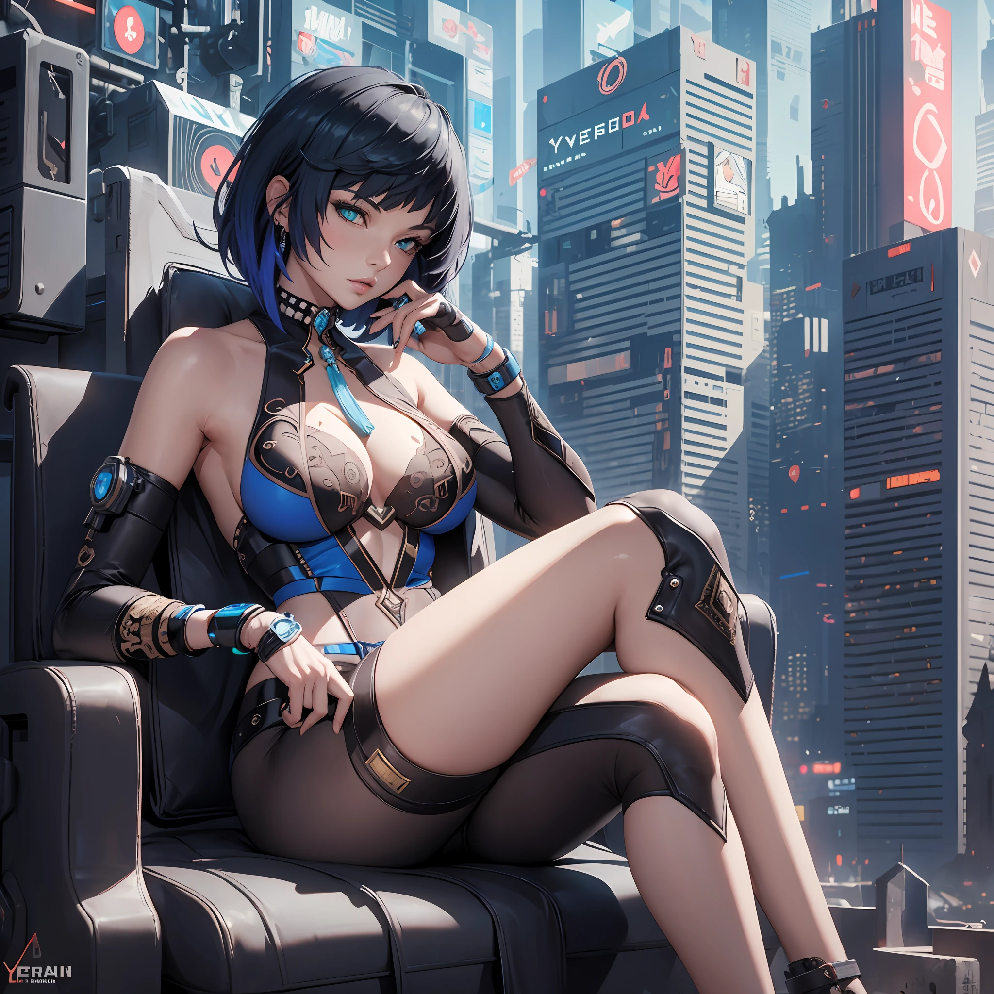 Yelandef, ((Best quality)), ((masterpiece)), ((detailed and intricate)), ((realistic)), beautiful sexy cyberpunk cyborg lady, stylish, futuristic, sci-fi, wearing a beautiful sexy sci-fi cyberpunk saree, sitting on a stylish cyberpunk throne, crossed legs, flawless, clean render, award winning.
