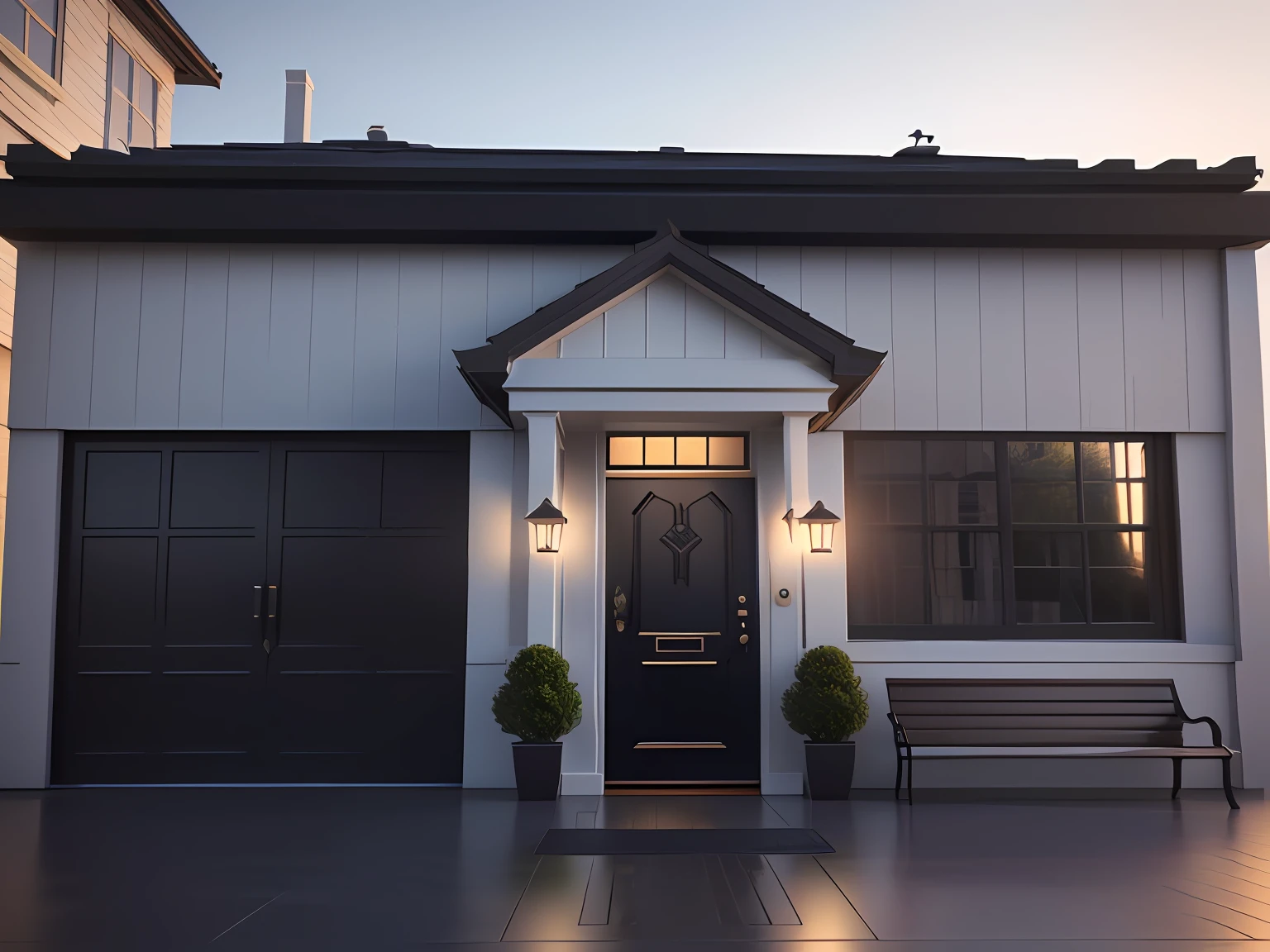 there is a black door and a bench in front of a white house, cinematic outdoor lighting, render 3d bem iluminado, em frente a uma garagem, high quality rendering, night time render, 3 d render mesmo aceso, outside lighting, corona render, highly photographic render, lumion render, high quality 3d render, high quality 3d render, with photorealistic lighting