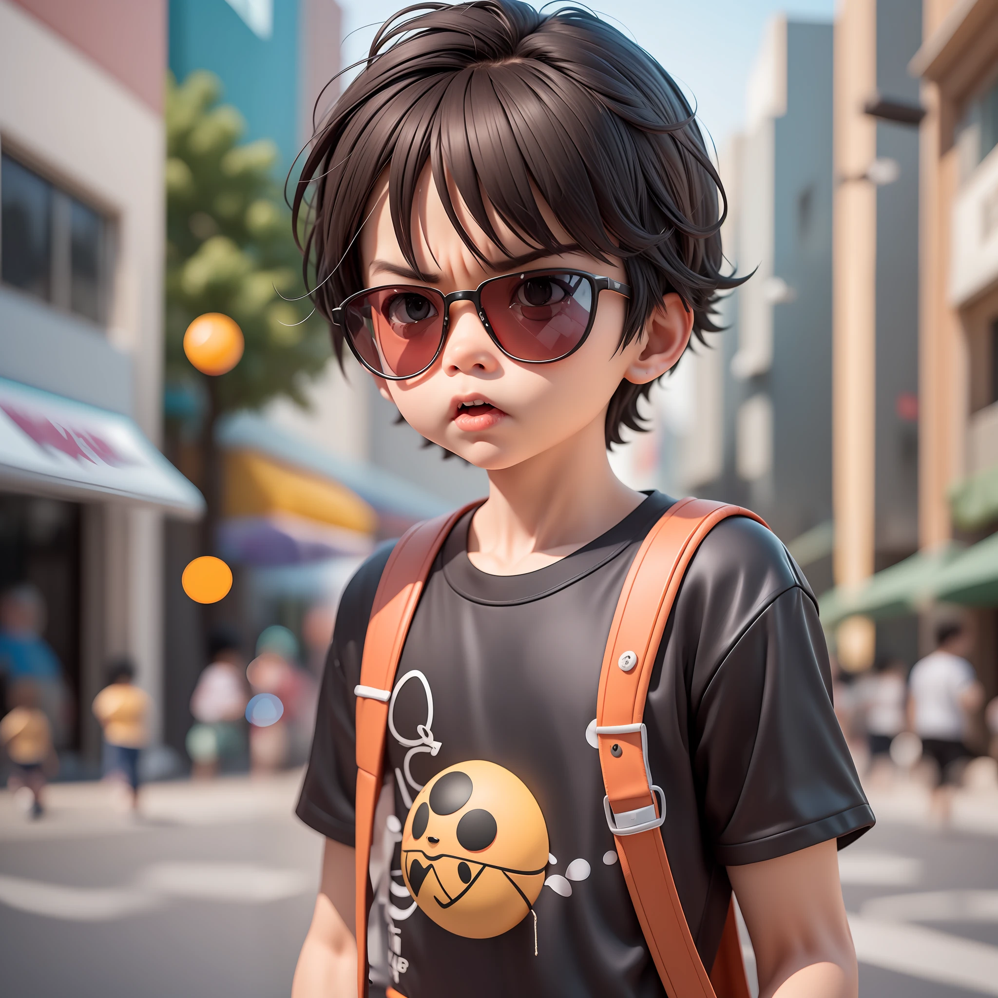(Pixar 1.23 style) 1 boy ((upper body front, Bust shot)), solo, naughty ???, Black hair, sports hair, Short hair, polka dot black shirt, wearing sunglasses, angry child, bandong, korean child, Street, ((masterpiece, Highest Quality)), (composite lighting)