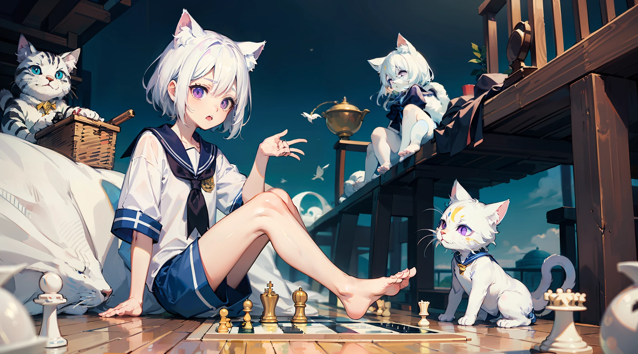 Pale skinned zombie white hair cat ears ，a short hair，Purple eyes，Blue and white striped sailor suit，Blue and white striped shorts，Barefoot，Play chess in the desert