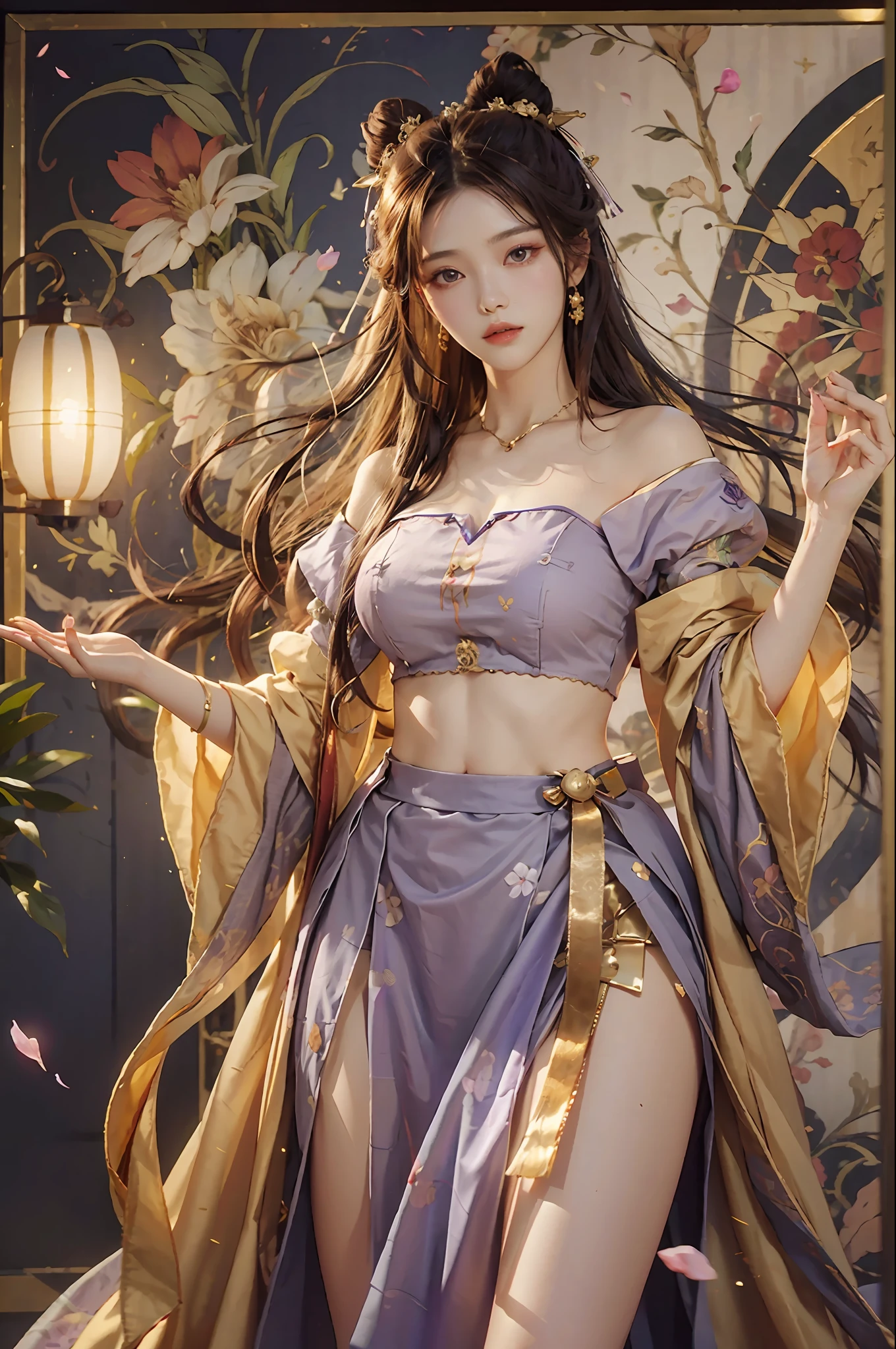 Superb Quality, Masterpiece, High Resolution, (Exquisite Body: 1.5), Stunning Beauty, (Milky Skin: 1.3), Exquisite Details, High Resolution, Wallpaper, 1 Woman, Solo, Dress, Hair Accessories, (((Golden Purple Skirt)) ), Flower, Long Hair, Brown Hair, Shut Up, Accessories, Long Sleeves, Raised Hand, Wide Sleeves, Big Eyes, Flowing Hair, Hanfu, Hanfu, Embroidery, Long Skirt, Natural Pose, Falling Petals, Indoor, Fanning, Lantern, 16K, HDR, High Resolution, Depth of Field, (Film Grae: 1.1), Bocon, Primetime, (Lens Glow), Vignette, Rainbow, (Color Grading: 1.5)