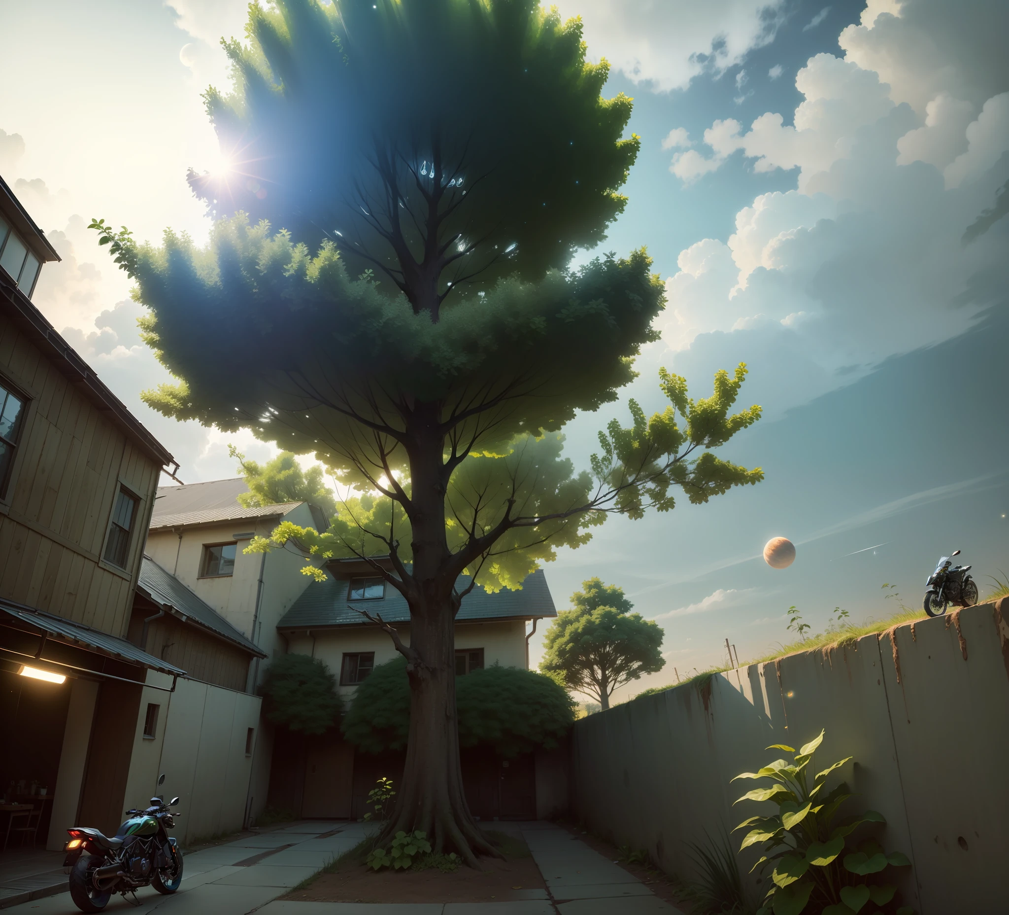 ((Best quality, 8k, Masterpiece :1.3)), Fireflies, Ninja H2R bike, small JUPITER Planets and Spaceships in the Background, Glowing Leaves, Cloudy Sky, 8k ultra HD, best quality, Sunshine in the Background. Shining Background. Glowing Light