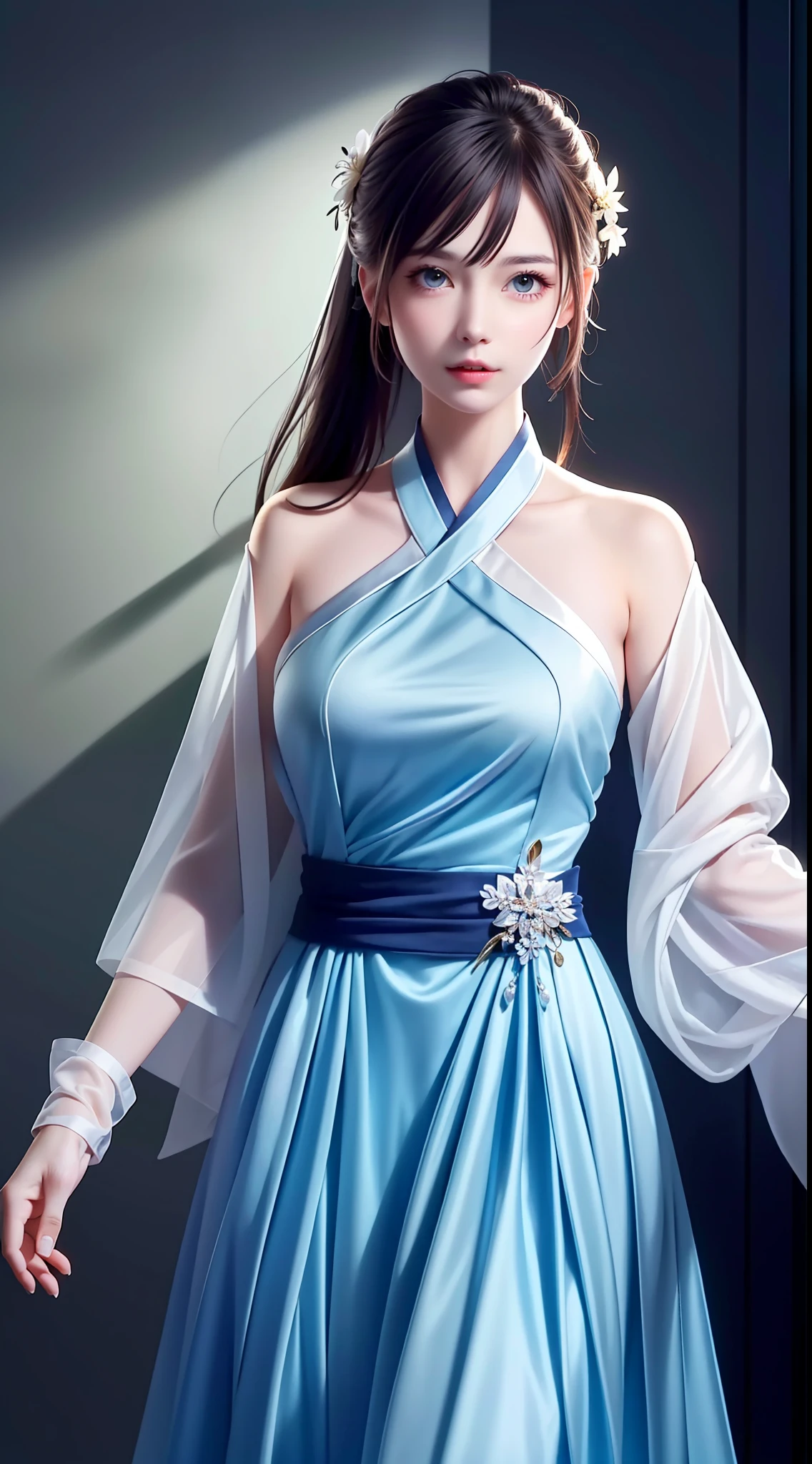 Hanfu, National Style 3.2, Full Body, Walking Posture, Slow Motion, Men Wear Full Body Multi-layered (Heavy Robe: 1.2), (Blue Ice Flower Long Dress: 1.2), Gloves, (Very Detailed, Bloom: 1.5), (Highest Quality, Alessandro Casagrande, Greg Rutkowski, Sally Mann, Concept Art, 4k), (Analog: 1.2), (High Definition), (Detail Pupil: 1.1), (Painting: 1.1), (Digital Painting: 1.1), Detailed Face and Eyes, Masterpiece, Best Quality, (Highly Detailed Photo: 1.1), 8K, Realistic, (Ice Hair Color, Dynamic Hairstyle), (pureerosface_v1:0.1), Jeremy Mann, Sandra Chevrier, Maciej Kuciara, Sharp, (torn body: 1.1), realistic, realistic shadows, (ice background: 1.2), (Michelangelo), ohwx style<lora: (style of ohwx) masterpiece, best quality, (extremely detailed CG unity 8k wallpaper, masterpiece, best quality, ultra-detailed, best shadow), (detailed background), (beautiful detailed face, beautiful detailed eyes), High contrast, (best illumination, an extremely delicate and beautiful), (girl:1.5), ((Not relevant)), ((caustic)), dynamic angle, beautiful detailed glow, (portrait:0.2),dynamic angle, beautiful detailed glow, (portrait:0.2),pigtail,full body,