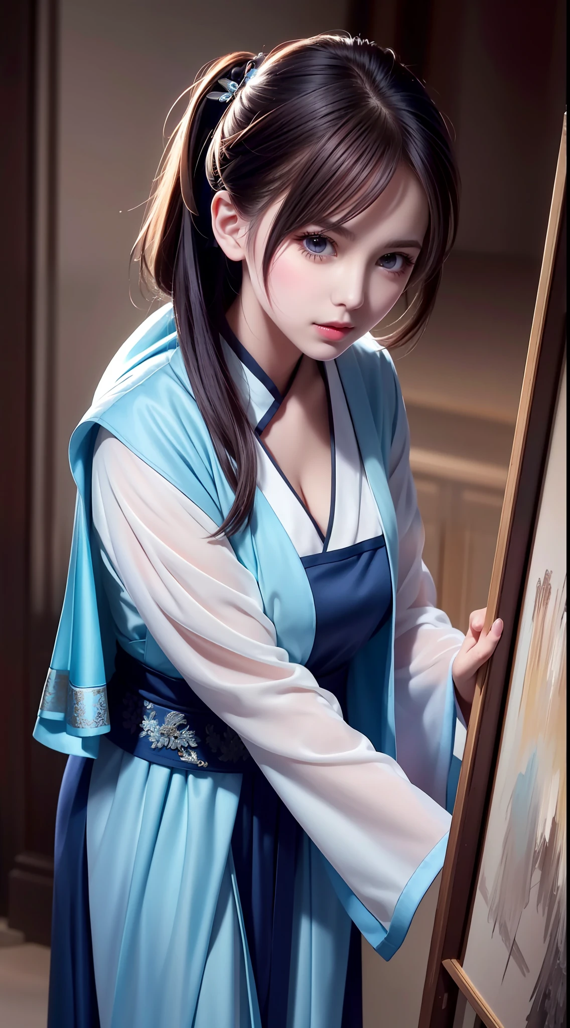 Hanfu, National Style 3.2, Full Body, Walking Posture, Slow Motion, Men Wear Full Body Multi-layered (Heavy Robe: 1.2), (Blue Ice Flower Long Dress: 1.2), Gloves, (Very Detailed, Bloom: 1.5), (Highest Quality, Alessandro Casagrande, Greg Rutkowski, Sally Mann, Concept Art, 4k), (Analog: 1.2), (High Definition), (Detail Pupil: 1.1), (Painting: 1.1), (Digital Painting: 1.1), Detailed Face and Eyes, Masterpiece, Best Quality, (Highly Detailed Photo: 1.1), 8K, Realistic, (Ice Hair Color, Dynamic Hairstyle), (pureerosface_v1:0.1), Jeremy Mann, Sandra Chevrier, Maciej Kuciara, Sharp, (torn body: 1.1), realistic, realistic shadows, (ice background: 1.2), (Michelangelo), ohwx style<lora: (style of ohwx) masterpiece, best quality, (extremely detailed CG unity 8k wallpaper, masterpiece, best quality, ultra-detailed, best shadow), (detailed background), (beautiful detailed face, beautiful detailed eyes), High contrast, (best illumination, an extremely delicate and beautiful), (girl:1.5), ((Not relevant)), ((caustic)), dynamic angle, beautiful detailed glow, (portrait:0.2),dynamic angle, beautiful detailed glow, (portrait:0.2),pigtail,full body,