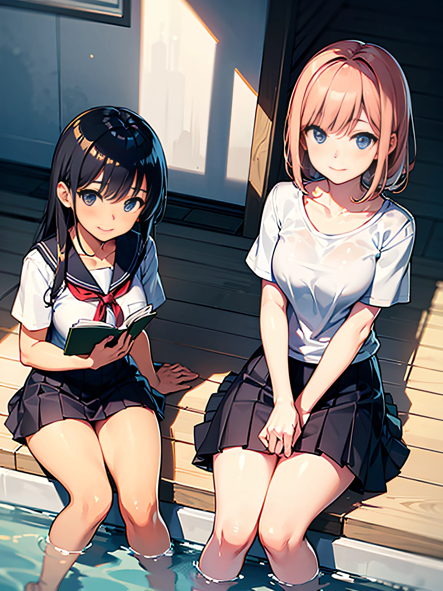 Pixiv Wind、Hi-Res、Hyperrealistic、Anime style、4K、((One woman))。Japan high school students sitting on pool diving platform playing in the water。High School Uniforms。Shooting from diagonally sideways。I'm smiling from the angle I look up at this。Extremely precisely written faces。Holding a book in front of his chest with both arms。medium hair length。slightly larger breasts。Model-like body shape。Extremely precisely drawn eyes。beautiful face。2Book legs。2Book Arm。Extremely precisely written5Finger、A cloudless sunny day in midsummer。