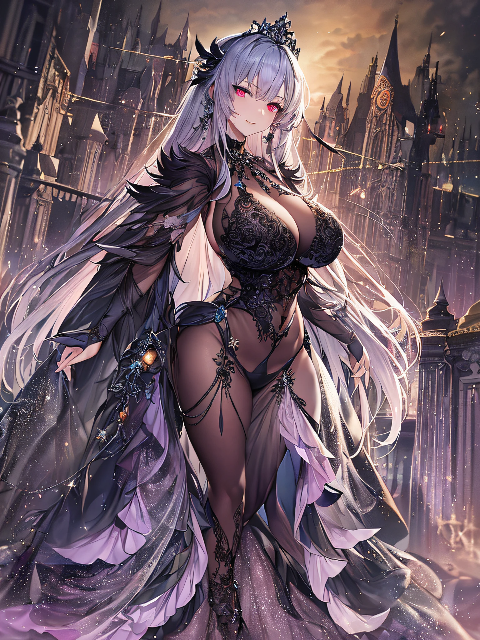((anime artstyle)),(Masterpiece),(Best Quality), (Super Detail),((Very Delicate and Beautiful)),Focus on character,Dynamic Angle,Looking at viewer,((Solo)),standing,(((full body))),((one evil and cute princess in gorgeous ball gown with voluminous skirt)),detailed face and eyes,(Wicked laugh),jewel-like eyes,((Very Long voluminous Hair)),gorgeous embroidery and lace,See-through,ornate ruffles,Gorgeous jewelry ornaments,luxury hair ornament,luxury and evil tiara with jewels,(gigantic breasts,Long breasts),full body,((evil and dark atmosphere)),full body,((gorgeous ball gown with voluminous skirt))