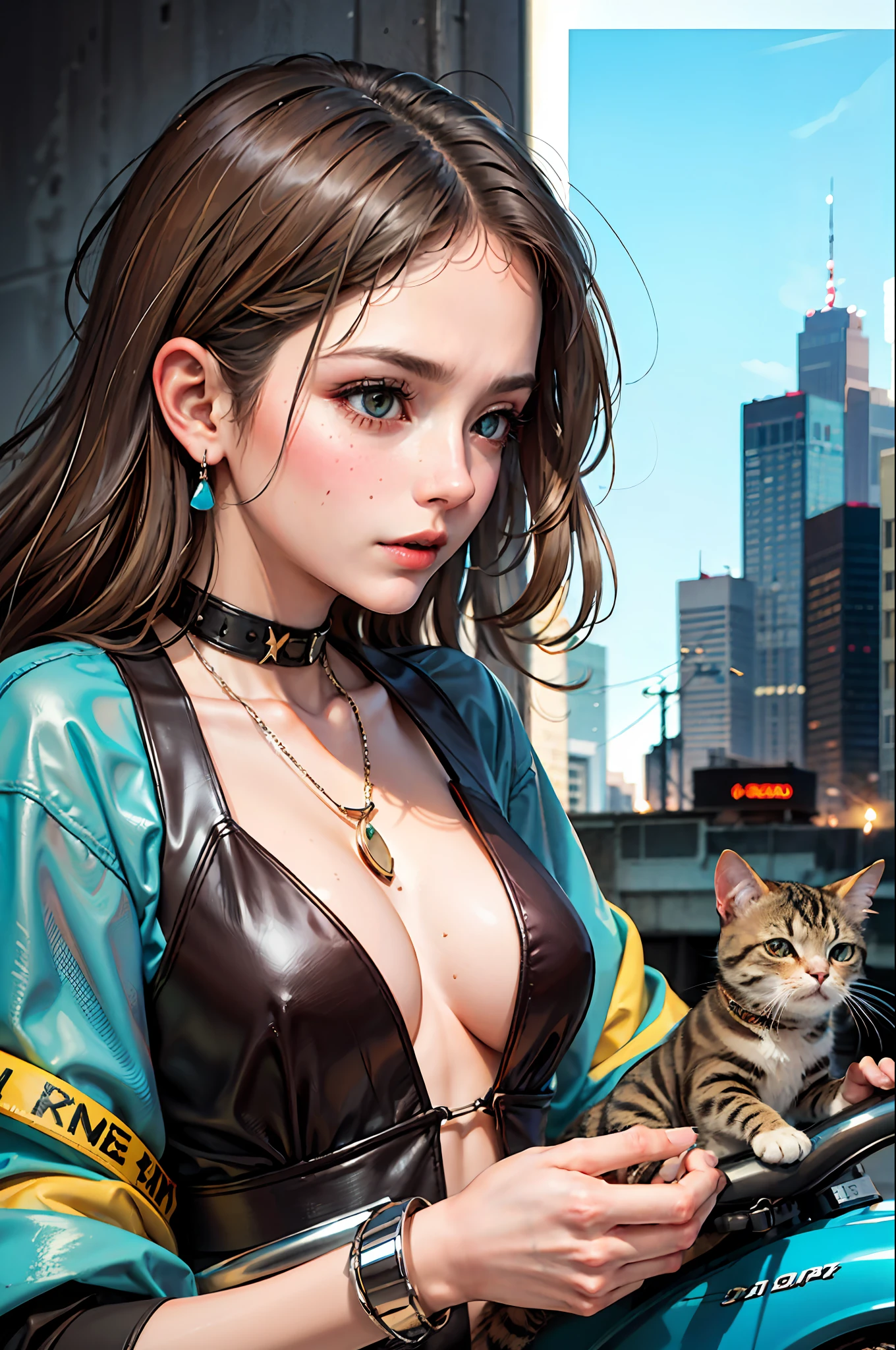 Cyberpunk cat on motorcycle, inkpunk Lite768, f/1.4, close-up film photography, portrait of a woman, reddish brown long, cyan eyes, traditional jewelry, elegant pose, atmospheric lighting, film composition, details, spring