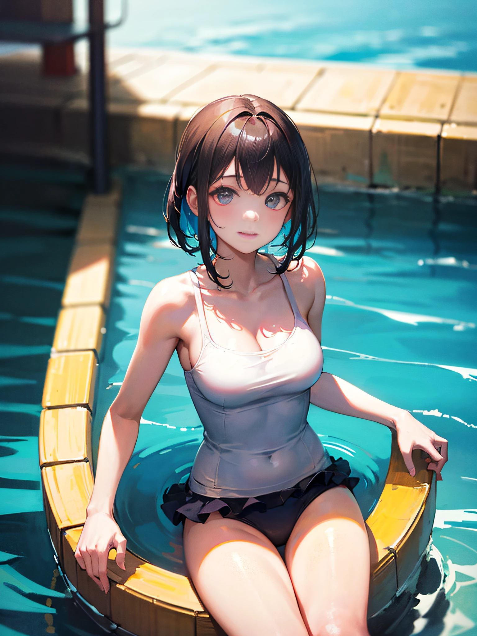 Hi-Res、Hyperrealistic、、4K、((One woman))。Japan high school students sitting on pool diving platform playing in the water。School Swimwear。Shooting from diagonally sideways。I'm smiling from the angle I look up at this。Extremely precisely written faces。medium hair length。slightly larger breasts。Model-like body shape。Extremely precisely drawn eyes。beautiful face。2Book legs。2Book Arm。Extremely precisely written5Finger、A cloudless sunny day in midsummer。