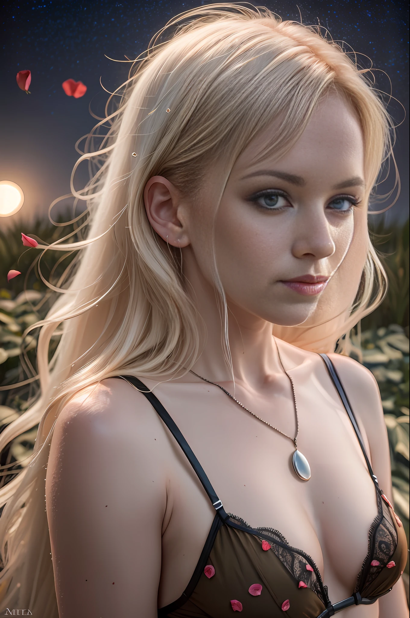 award winning upper body portrait photo of a sexy albino irish freckly woman, swamp, rose petals, lingerie, (bokeh:0.7), sidelit, telephoto, moonlit, torchlit, atmosphere, oceanic night exterior, realistic, intricate details, skin texture