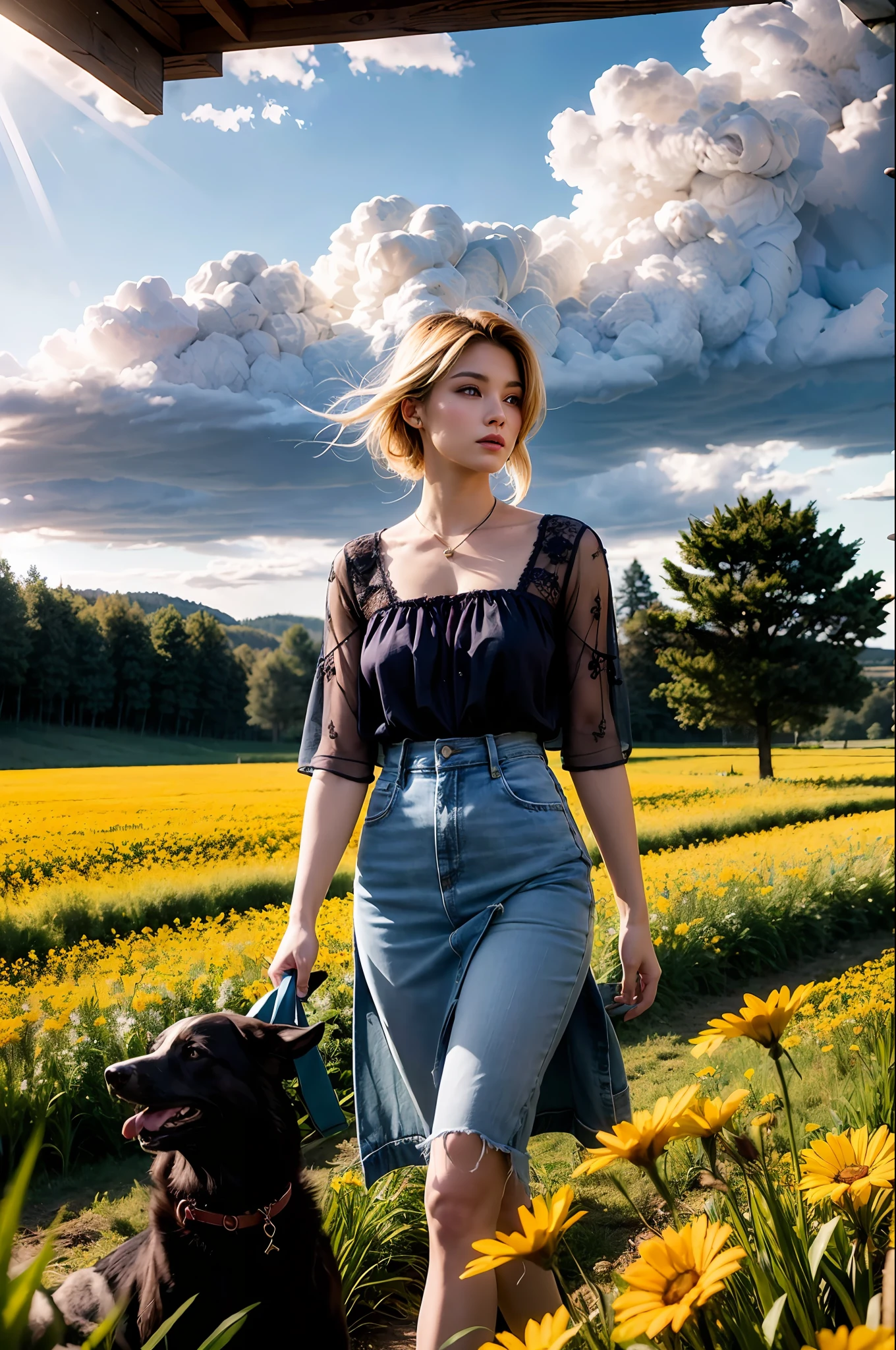 (realistic:1.3), finely detailed, quality, rembrandt lighting, (masterpiece:1.2), (photorealistic:1.2), (best quality), (detailed skin:1.3), (intricate details), dramatic, ray tracing, 1girl, american white girl, blonde hair, 21 years old, medium breasts, (Meadow, Sun, Clouds, Field, Farming, Starlight, Walking trail)