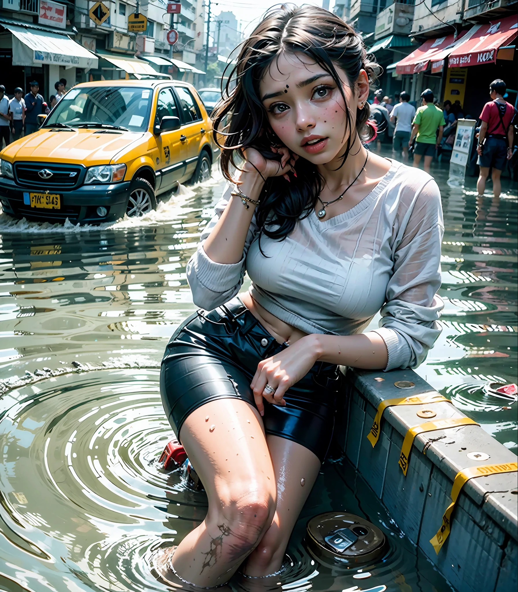 college girl in flooded Mumbai street, Mumbai flooded, street flooded, stranded, flooded street