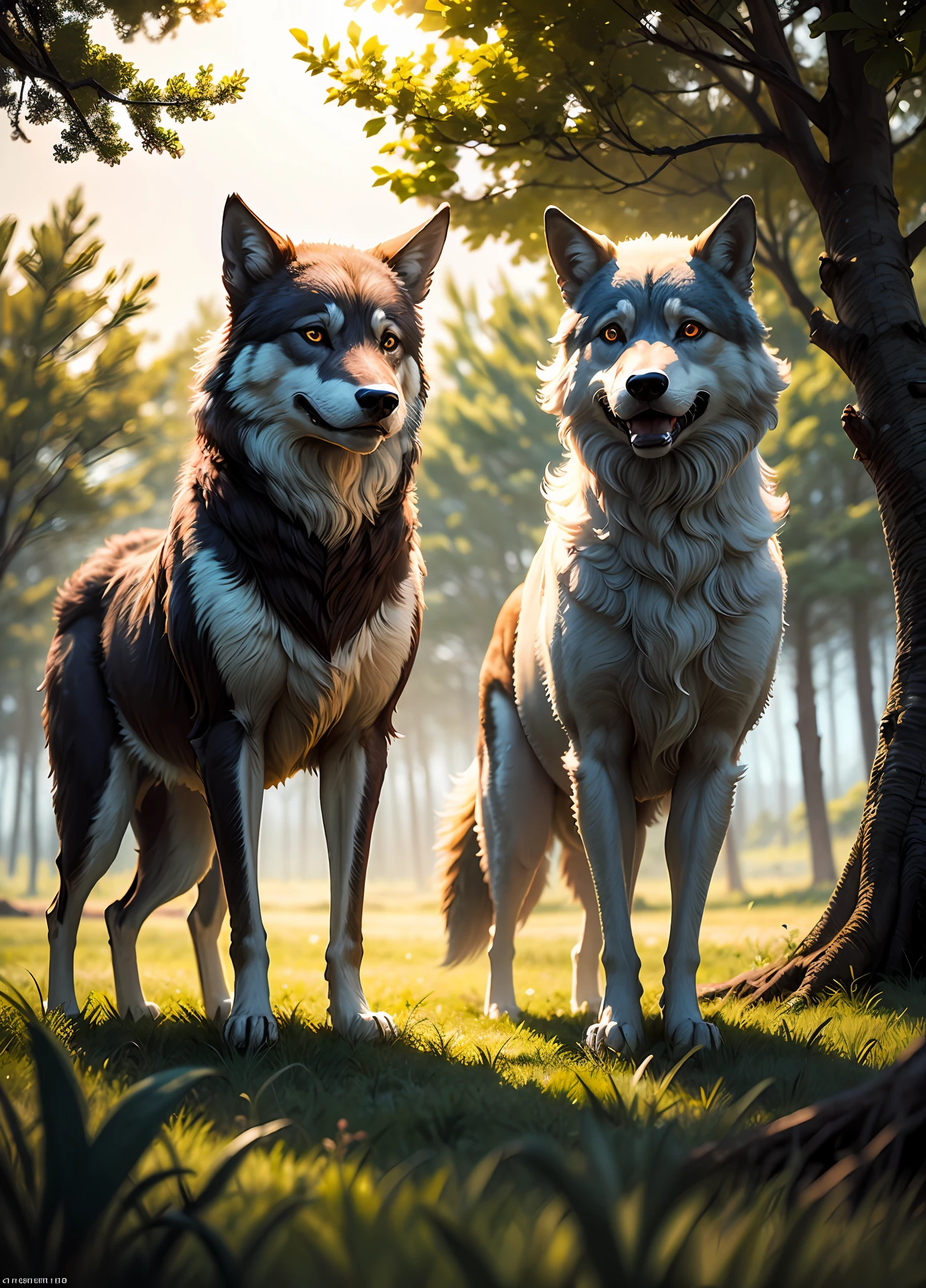 Two standing wolves,grasslands,hig quality,National Geographic,Halo --auto