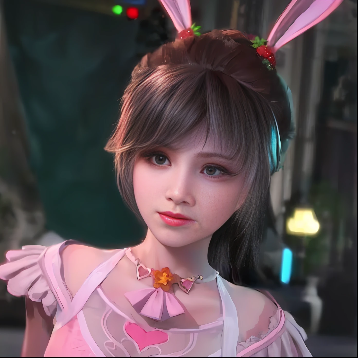 Holding an oil-paper umbrella，Alone wanders for a long time、Long, lonely rainy alley, Lilac-like girl，Rabbit ears，pink dress，cuddly，beautiful，