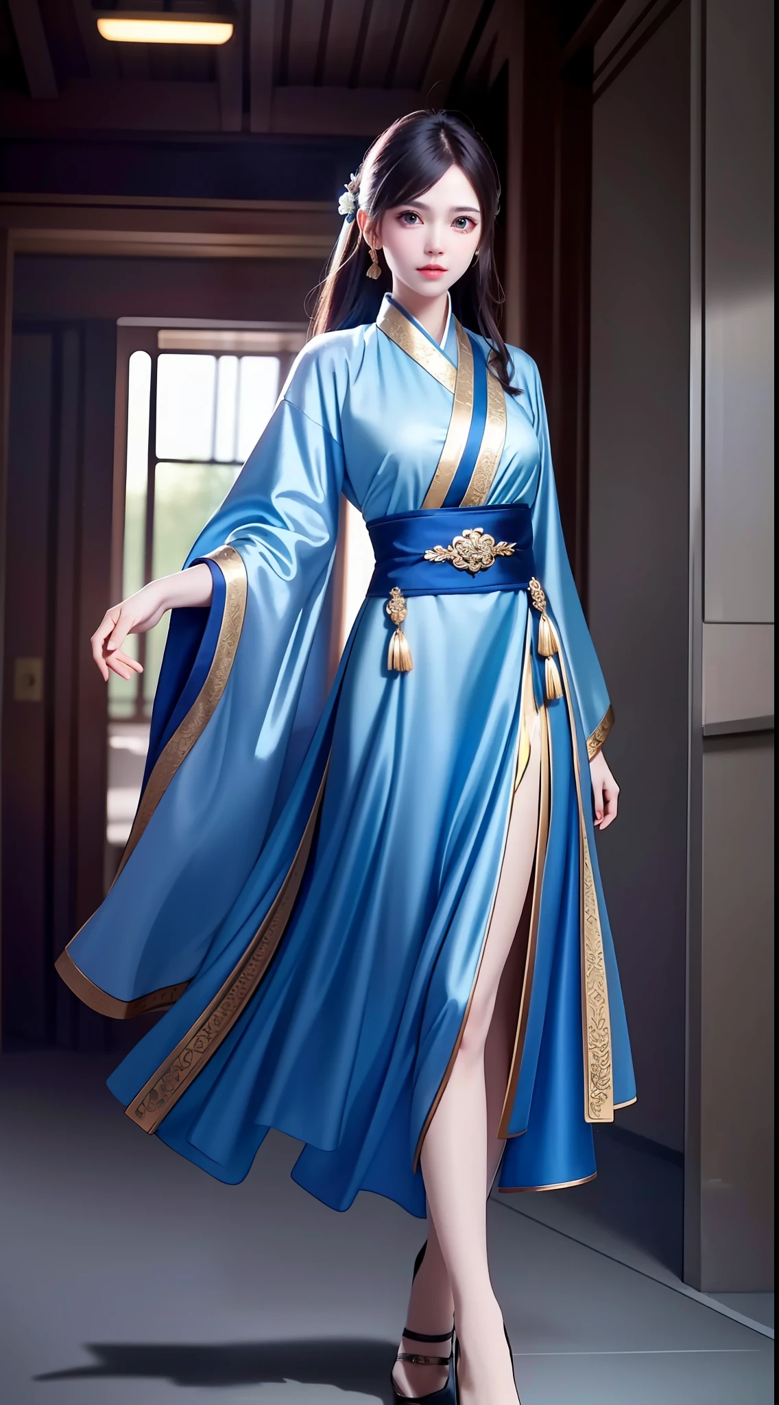 Hanfu, National Style 3.2, Full Body, Walking Posture, Slow Motion, Men Wear Full Body Multi-layered (Heavy Robe: 1.2), (Blue Ice Flower Long Dress: 1.2), Gloves, (Very Detailed, Bloom: 1.5), (Highest Quality, Alessandro Casagrande, Greg Rutkowski, Sally Mann, Concept Art, 4k), (Analog: 1.2), (High Definition), (Detail Pupil: 1.1), (Painting: 1.1), (Digital Painting: 1.1), Detailed Face and Eyes, Masterpiece, Best Quality, (Highly Detailed Photo: 1.1), 8K, Realistic, (Ice Hair Color, Dynamic Hairstyle), (pureerosface_v1:0.1), Jeremy Mann, Sandra Chevrier, Maciej Kuciara, Sharp, (torn body: 1.1), realistic, realistic shadows, (ice background: 1.2), (Michelangelo), ohwx style<lora: (style of ohwx) masterpiece, best quality, (extremely detailed CG unity 8k wallpaper, masterpiece, best quality, ultra-detailed, best shadow), (detailed background), (beautiful detailed face, beautiful detailed eyes), High contrast, (best illumination, an extremely delicate and beautiful), (girl:1.5), ((Not relevant)), ((caustic)), dynamic angle, beautiful detailed glow, (portrait:0.2),dynamic angle, beautiful detailed glow, (portrait:0.2),pigtail,full body,