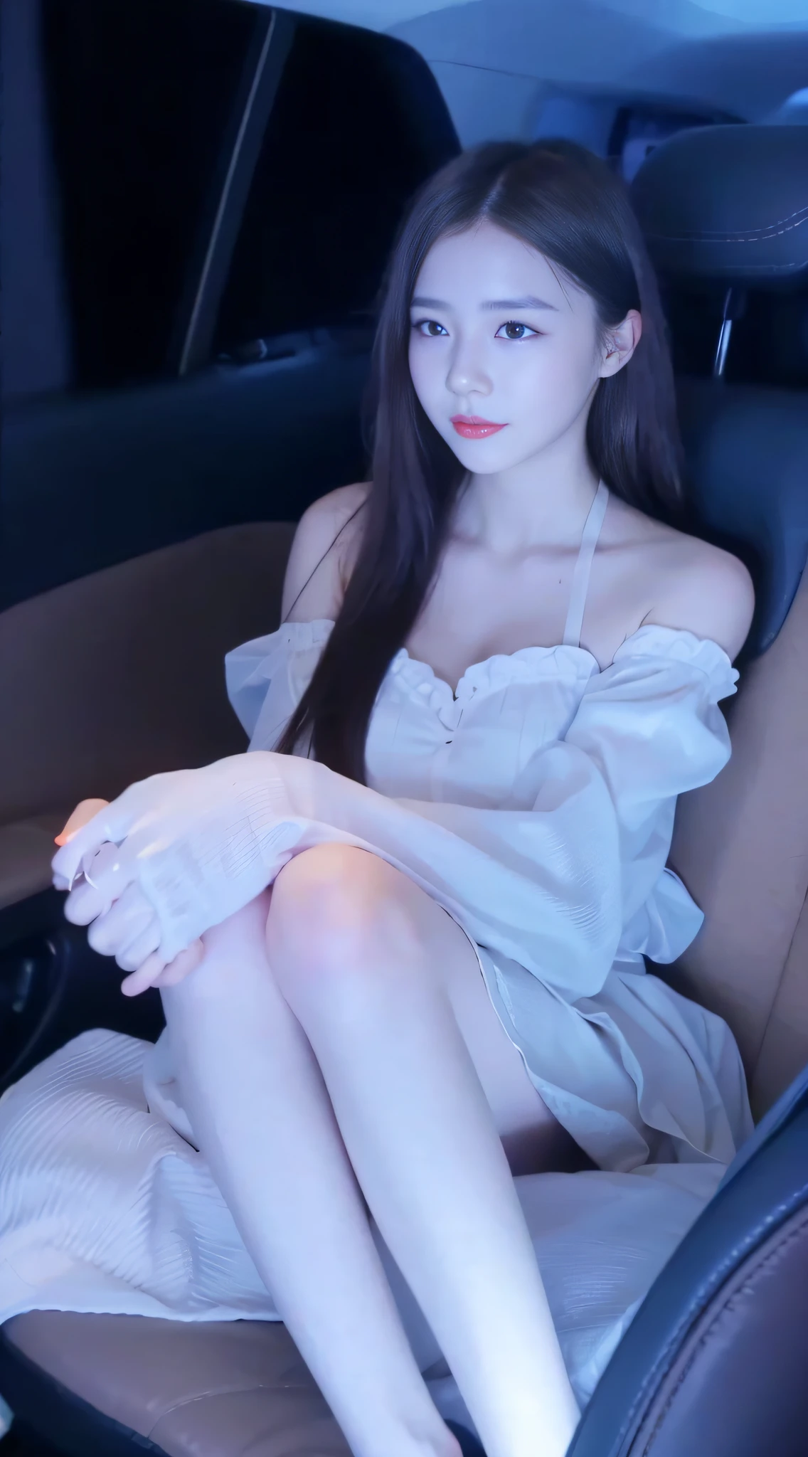 Chinese woman sitting in a car in a white dress, Di gorgeous Chinese model, full body xianxia, sitting in her car, ruan jia beautiful!, jia, in a glowing skirt, trending at cgstation, Wearing a white dress, young and cute girl, 19-year-old girl --auto