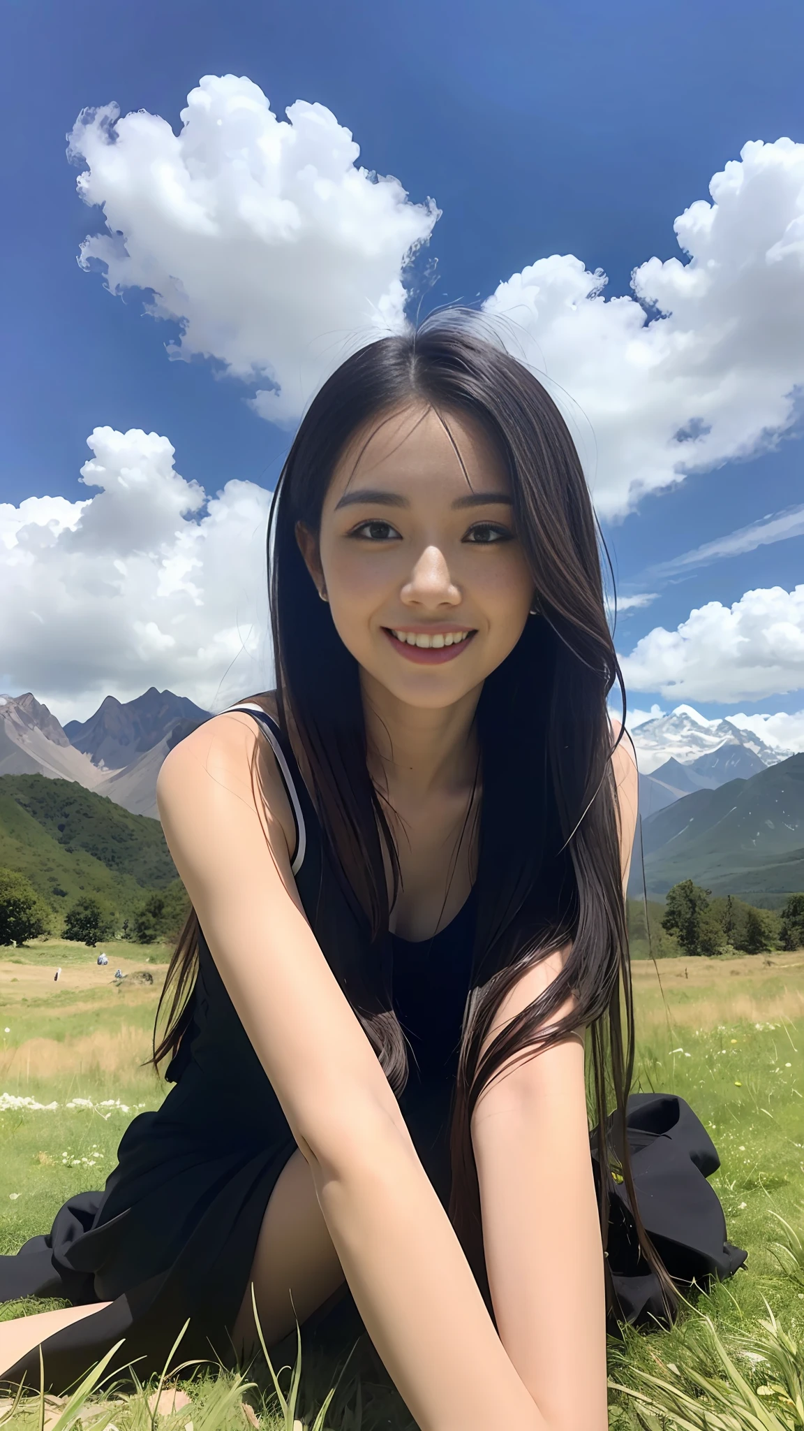 ((best quality, 8k, masterpiece:1.3)), a beautiful girl, pure, melon face, gentle and cute, thin figure, (frontal), (tilted head), looking directly into the camera, [detached sleeves::0], [collared shirt::0], [capri pants::0], black silky long straight hair, long hair flowing over the shoulders, round black big eyes, clear big eyes, moist red lips, sweet smile, sitting, hands on knees, Blue sky and white clouds, sunshine, grassland, mountain peaks, northern view of Tibetan grassland