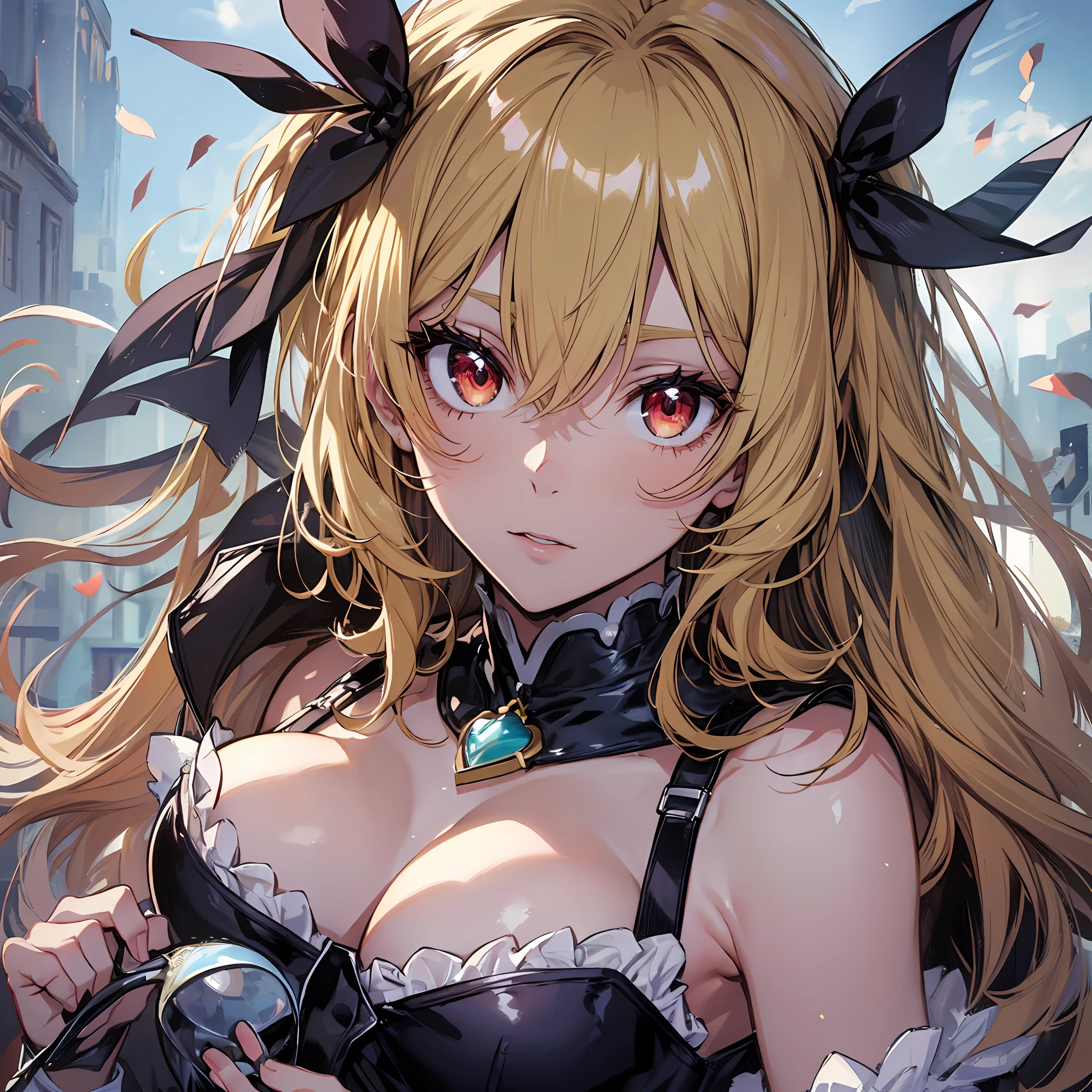 ((Top Quality, 8K,)) 1 Woman, Blonde Hair and Red Eyes Anime Girl, Anime Girl Named Lucy, Portrait of a Female Anime Hero, Female Anime Character, Zodiac Girl Portrait Knight, Artoria Pendragon, Hajime Yatate, Symphogear, Giorno Giovanna, Cornelia from Code Geass, War Maiden Suvia, Gorgeous Lingerie Sexy Pose　Shameful Random Pose