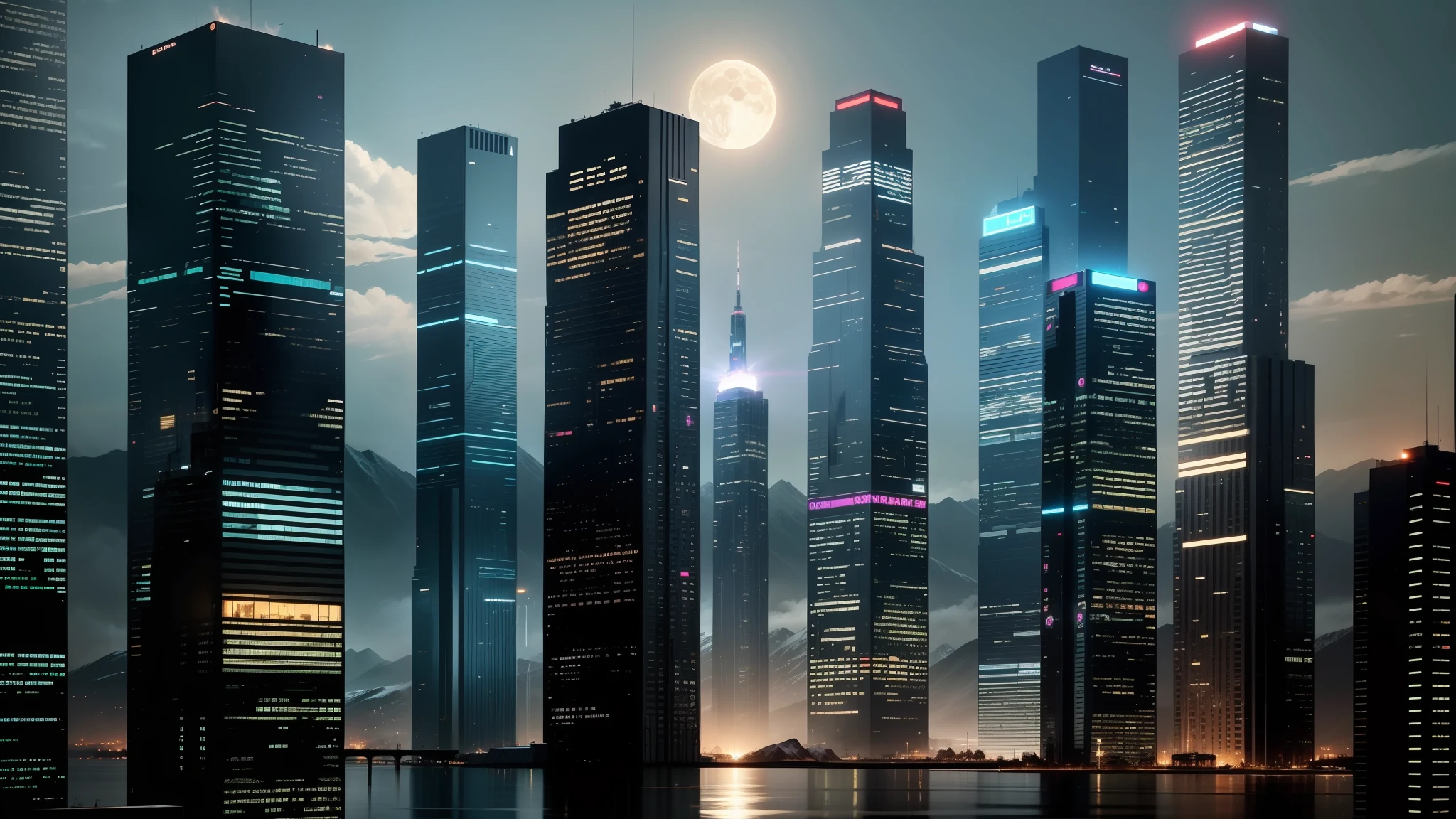 (enlarged: 1.1), mountains and a lake with a moon in the sky, 4k highly detailed digital art, 4k hd very detailed wallpaper, stunning fantasy landscape, sci-fi fantasy desktop wallpaper, unreal engine 4k wallpaper, 4k detailed digital art, sci-fi fantasy wallpaper, epic dreamlike fantasy landscape, 4k hd matte digital painting, 8k stunning art