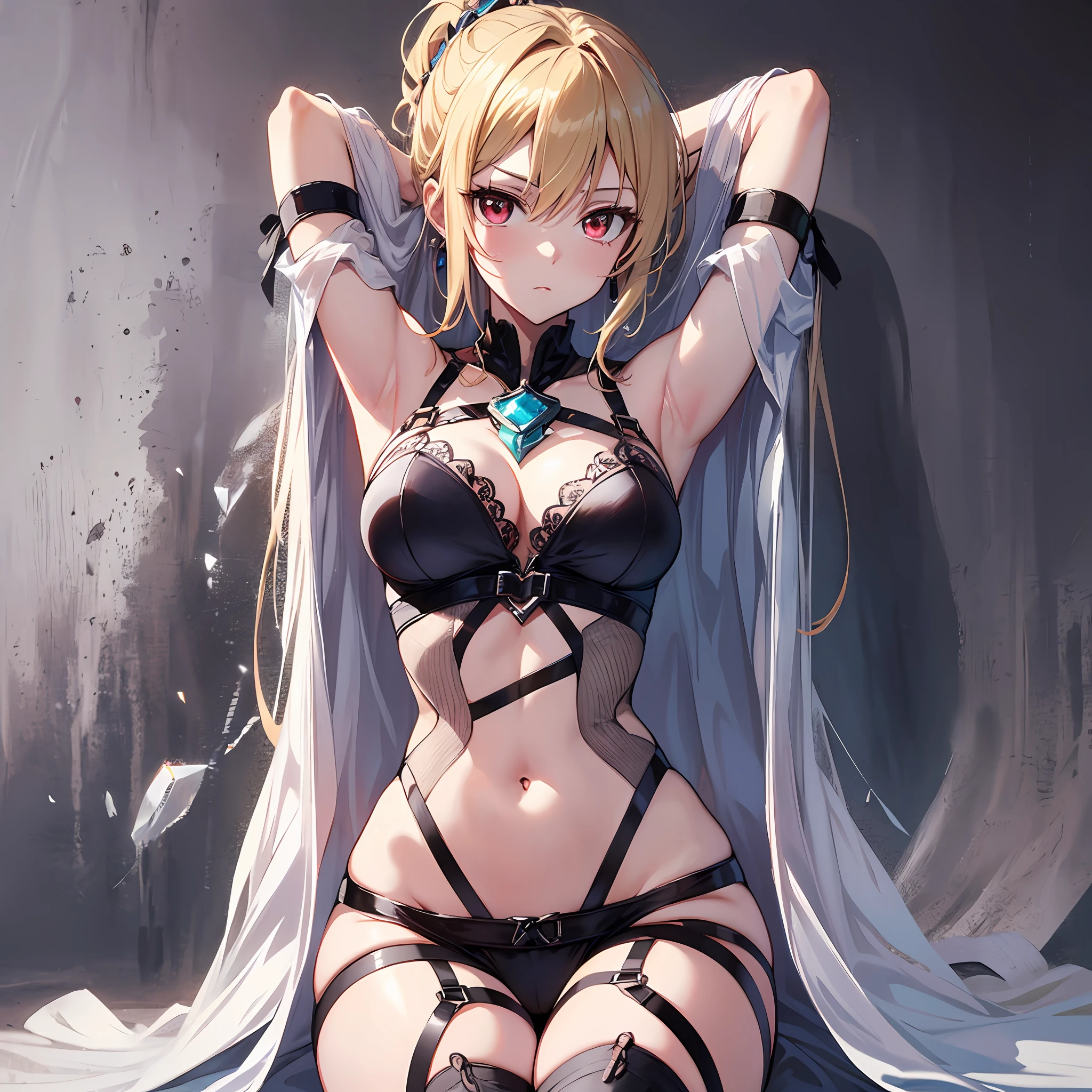 ((Top Quality, 8K,)) 1 Woman, Blonde Hair and Red Eyes Anime Girl, Anime Girl Named Lucy, Portrait of a Female Anime Hero, Female Anime Character, Zodiac Girl Portrait Knight, Artoria Pendragon, Hajime Yatate, Symphogear, Giorno Giovanna, Cornelia from Code Geass, War Maiden Suvia, Gorgeous Lingerie Sexy Pose Shameful Random Pose