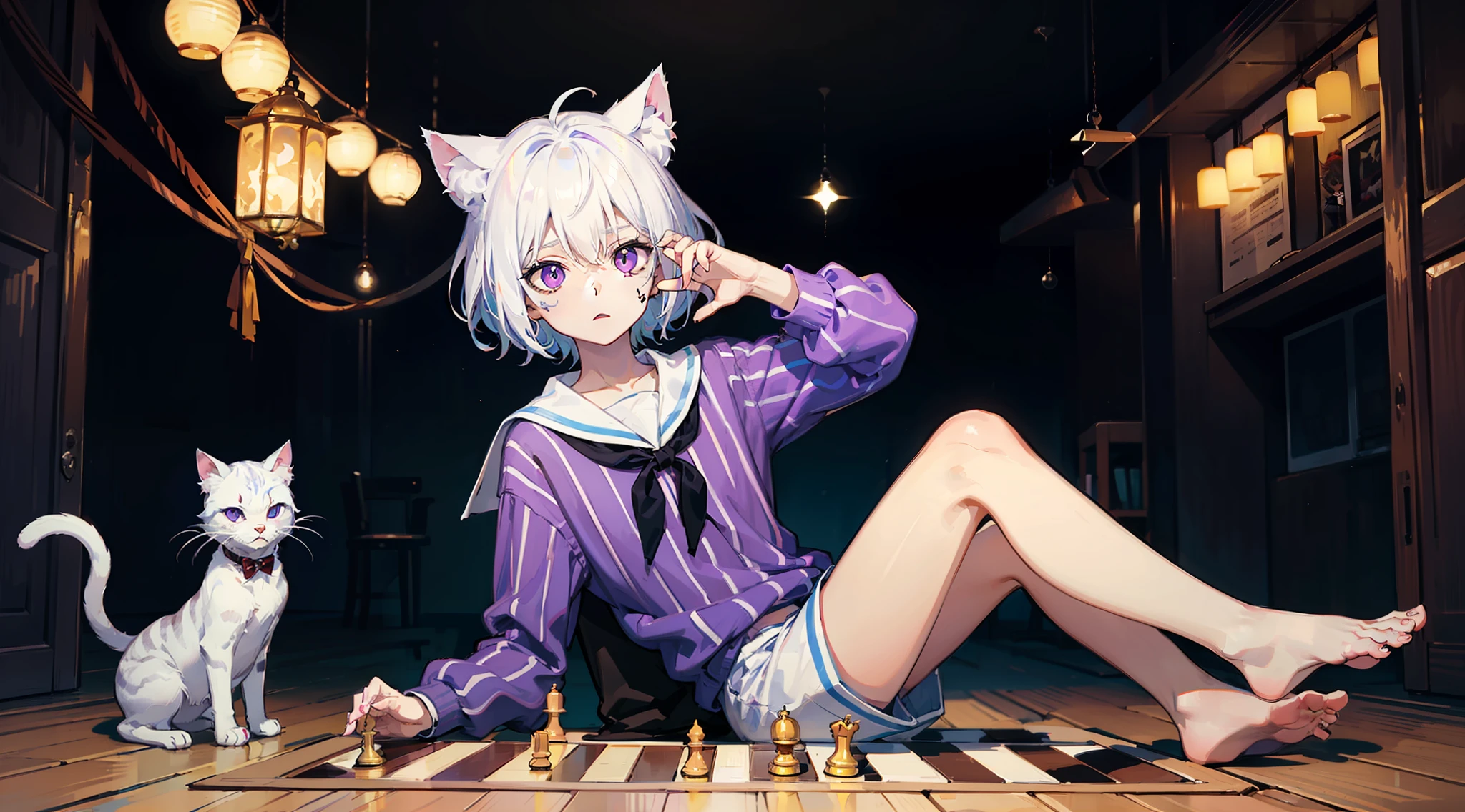 Pale skinned zombie white hair cat ears little boy,a short hair,Purple eyes,Blue and white striped sailor suit,Blue and white striped shorts,Barefoot,Play chess in the desert