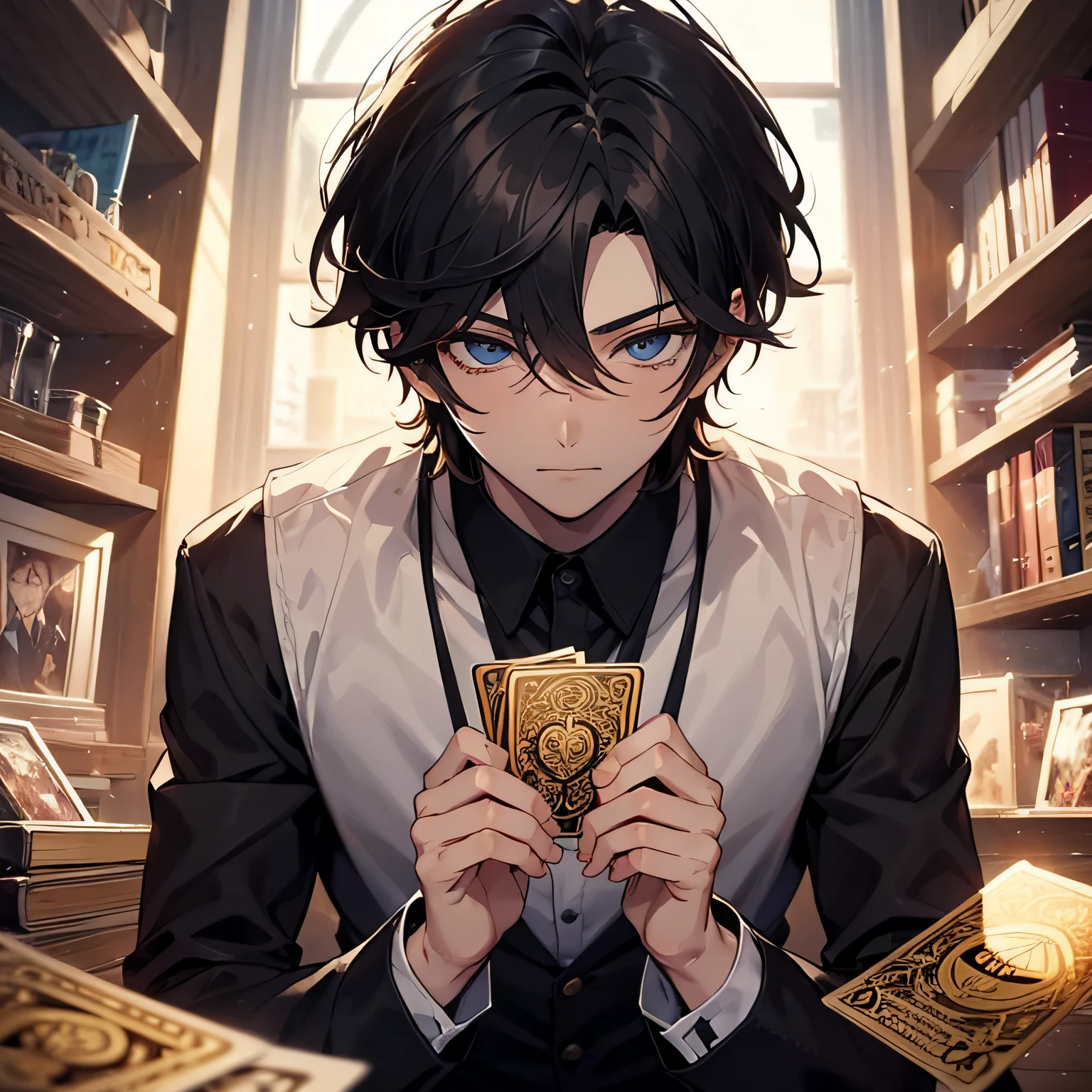 manhwa,Boys,Male focus,Dark hair,Hold gold cards,Hair is sandwiched between the eyes,looking at the viewer,bachelorhood,Upper body,Long sleeves,a short hair,shirt