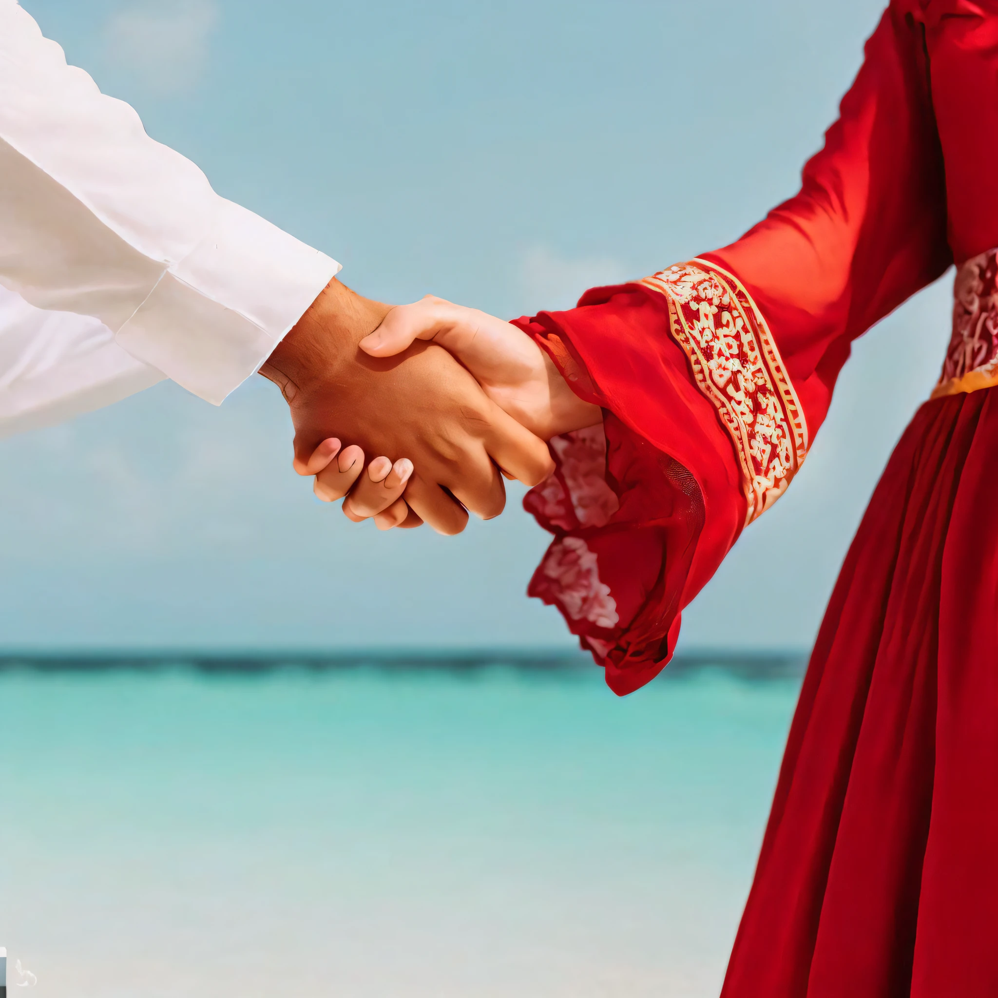 there are two people holding hands on the beach, shaking hands, holding hands, holding each other hands, reaching out to each other, holding hand, very attractive, absolutely outstanding image, across holding a hand, portrait shot, vibrant setting, wearing red attire, wide image, vibrant contrast, this is beautiful, islamic, beautiful masterpiece, couple walking hand in hand. shot on Red epic dragon camera, cinematic colour