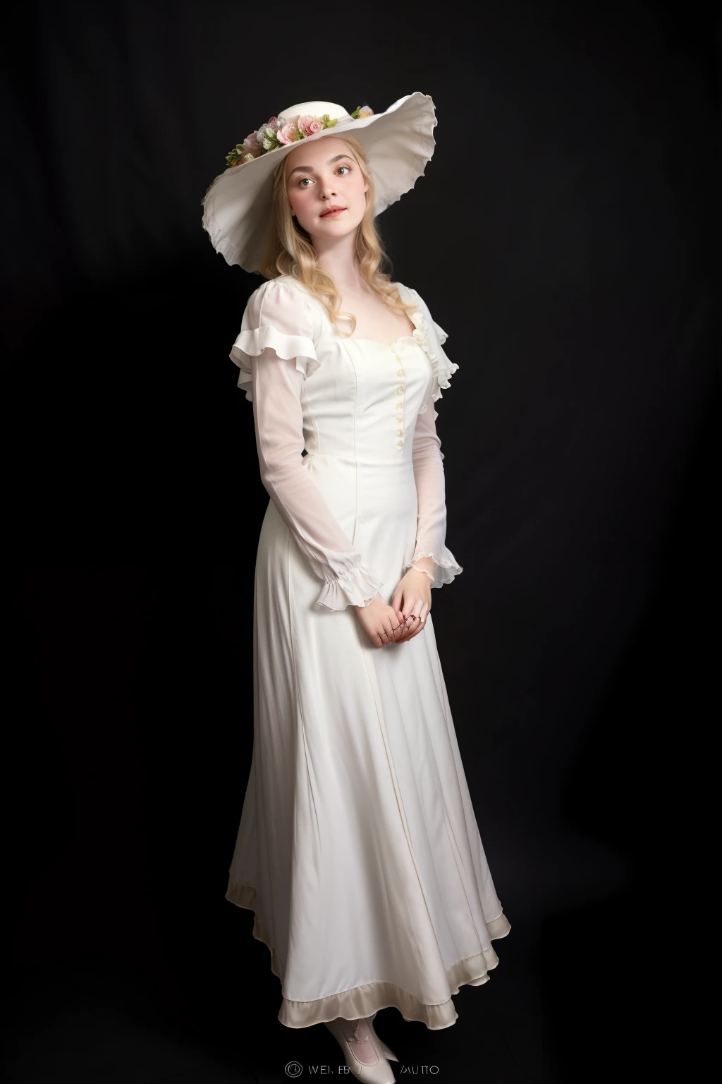 Arapei wore a white dress，A hat with a bouquet of flowers, wearing 1890s era clothes, 1 9 1 0 s style, victorian style costume, inspired by Harrison Fisher, wearing victorian clothes, victorian inspired clothing, a beautiful woman in white, 1 9 2 0, 1 8 0 0 s vintage, 1920s --auto