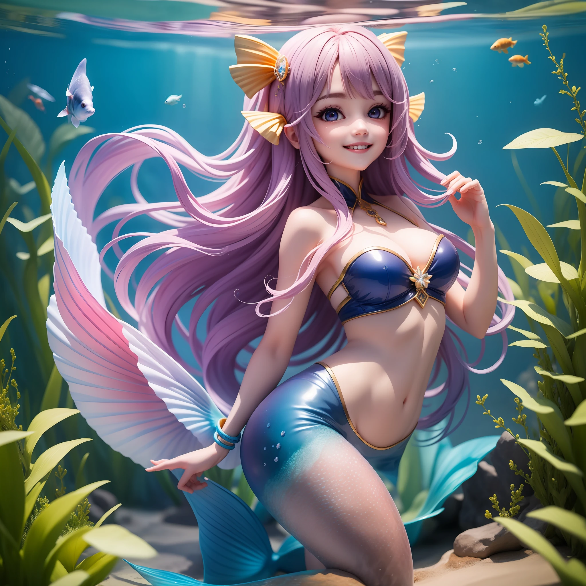 master masterpiece aquarium Super Beautiful Mermaid,Reddish-purple long curled hair swaying in the water,Large dark blue-gray eyes, happy smile,Dazzling light from the sky