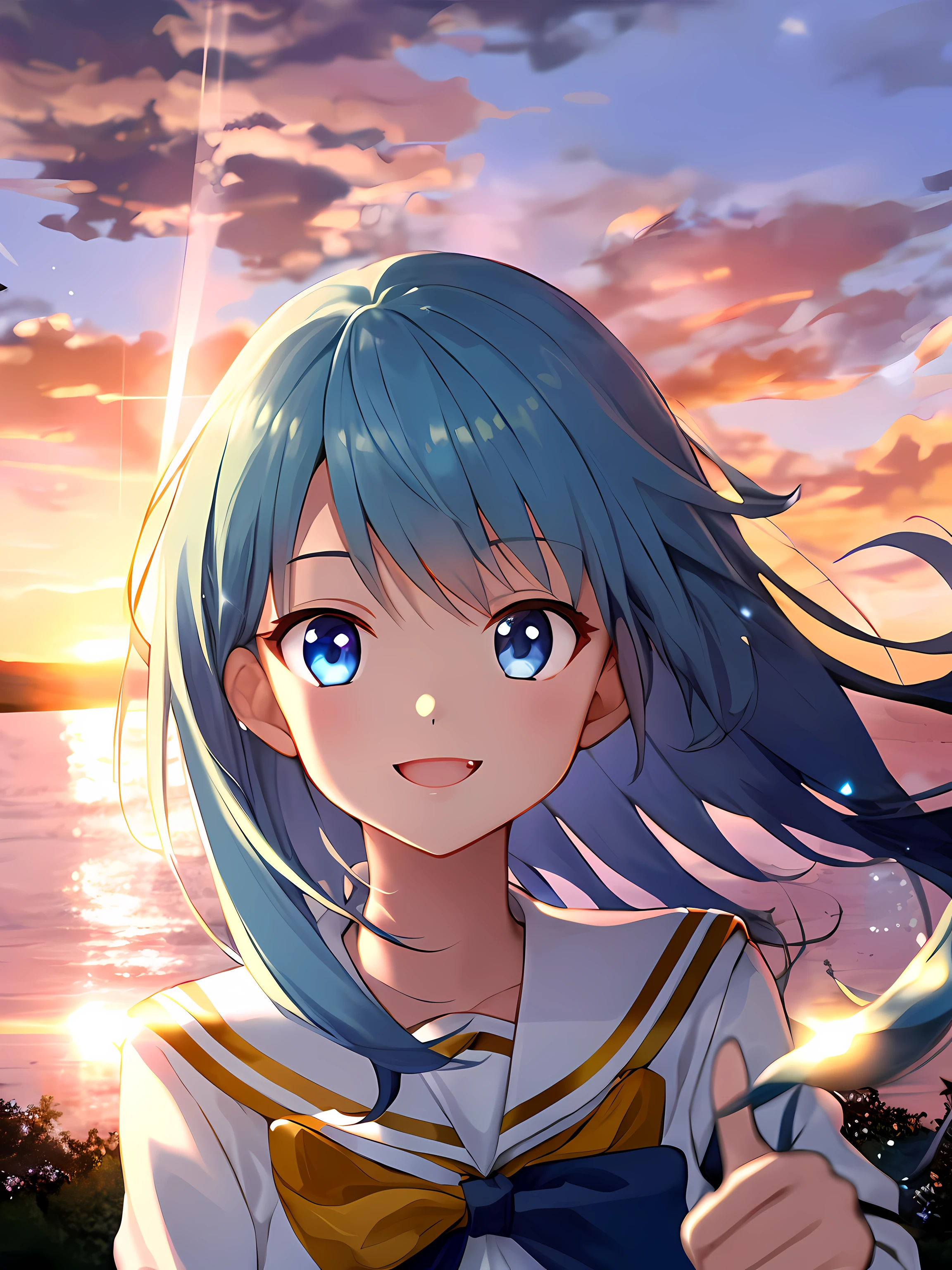 best quality, high detailed, Faint lips,UC:realistic, cinematic lighting petite 1girl sky blue hair pink eyes, seductive smile fang school_Uniform, portrait , warm light sunset, rays light sparkles lens flare deep shadows, depth of field peerless scenery sentimental, thumbs up , floating (detailed light) floating hair glowing eyes leaves, ((wind)) nature (sunlight) river (forest) (bloom)