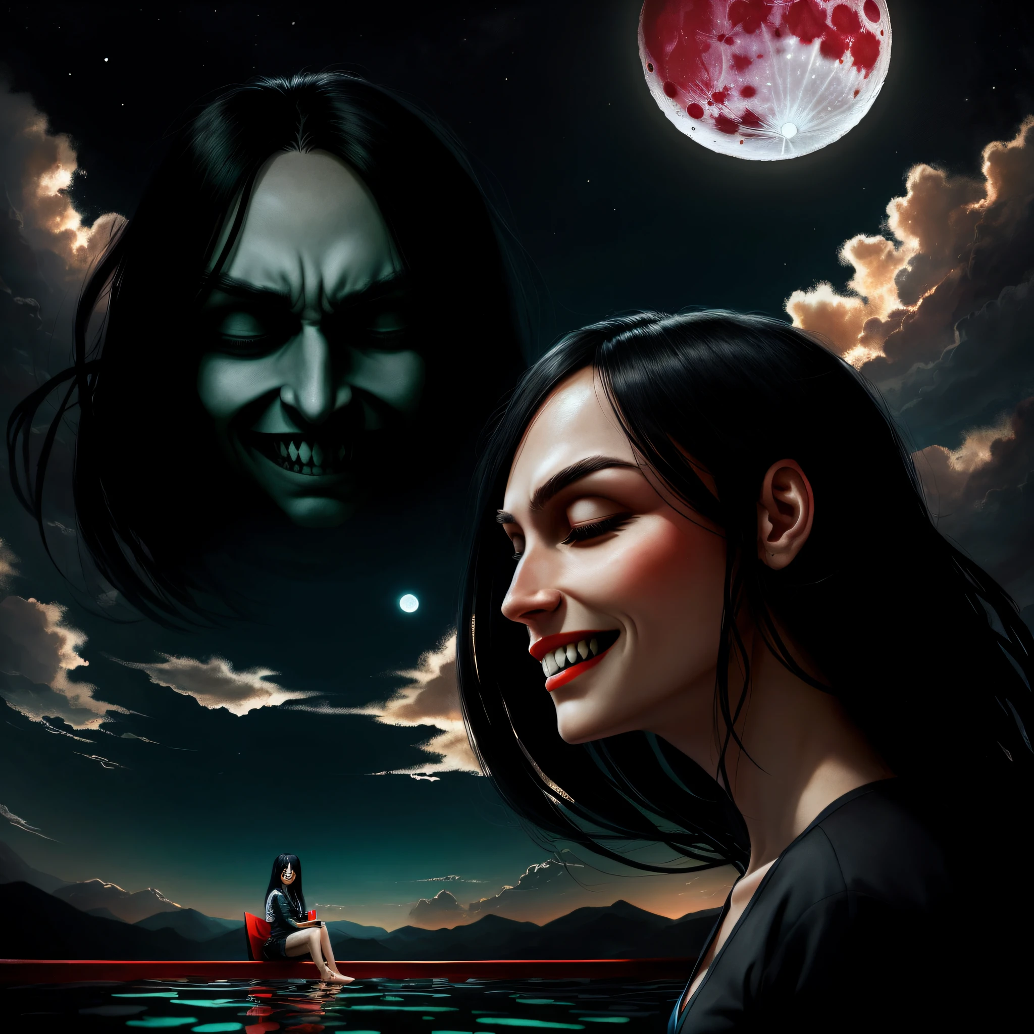 vampire, (Masterpiece 1.5, intense details), female,(Masterpiece 1.5, intense details), beautiful, black bathing suit,(Masterpiece 1.5, intense details) busty, long black hair, intense green eyes, sitting near a pool of red blood,(Masterpiece 1.5, intense details)drinking red wine (Masterpiece 1.5, intense details), black hair, long hair, floating hair, cloud hair, half-closed eyes, evil smile, fangs, high detail, Conceptual art, Realism, cinematic lighting, moon light, reflection light, from side, panorama, Ultra-Wide Angle, Wide-Angle, award winning, best quality, high quality, high details, highres, 4K