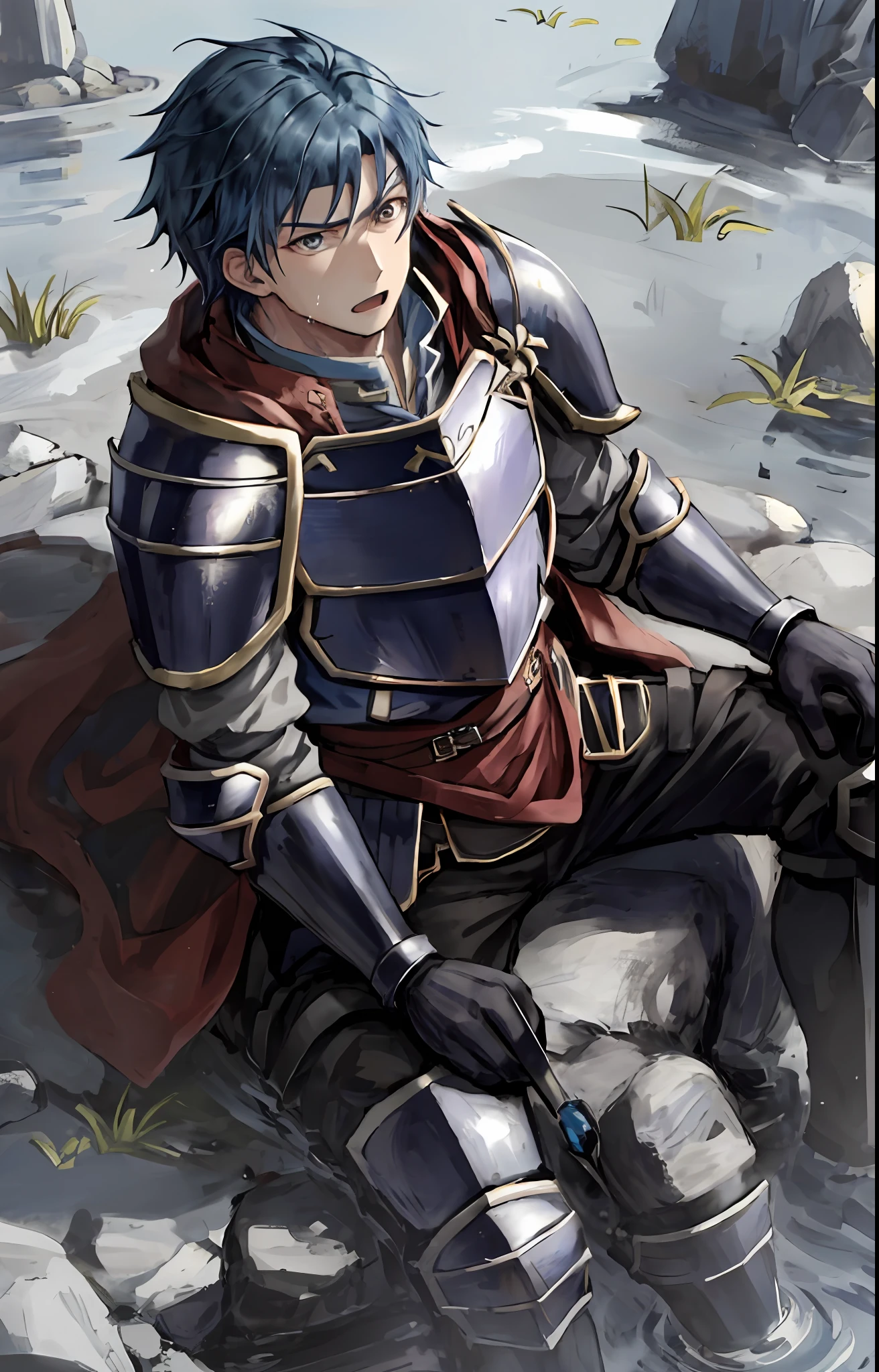 Hector Fey, solo, looking at the viewer, serious, opened mouth,perspire,Drenched,Get wet,dribble, glove, 1boy, Blue hair,Male focus,Sit(Sit straddled),cloak,armour,from below,
