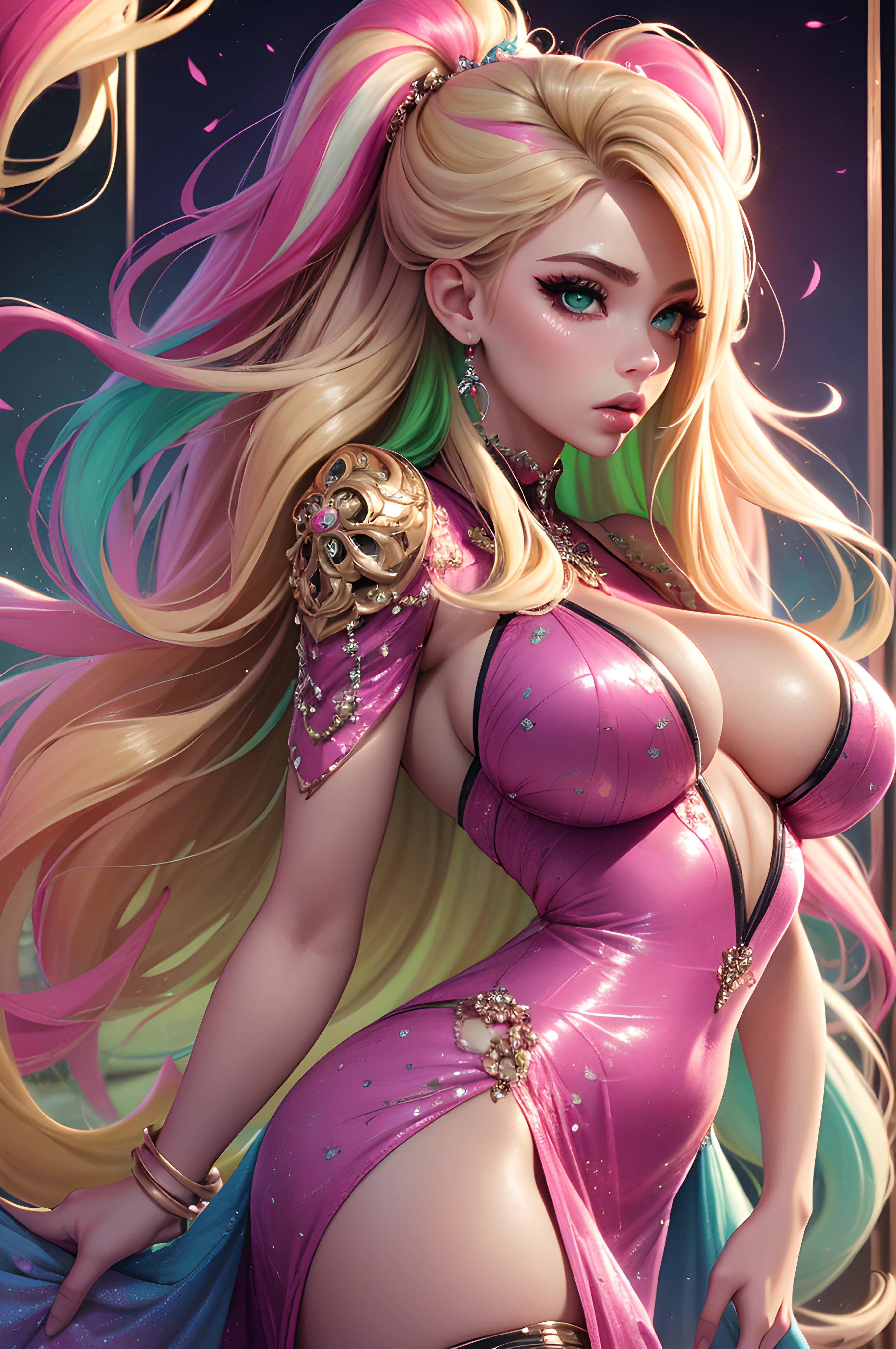 masterpiece, best quality, ultra HD, 8k, detailed anatomy, (shiny skin), light skin, high contrast, (huge breasts:1.2), normal waist, wide hips, (hyper detailed full round shaped face), small nose, full pouty lips, looking at viewer, adult, ((solo)) female focus, stable diffusion, (stunningly beautiful  catgirl), long blonde hair (cotton candy multicolored streak) bright green eyes, pink dress, intricate details, fantastical, tetradic pink colors, vibrant candy background, Cinematic lighting