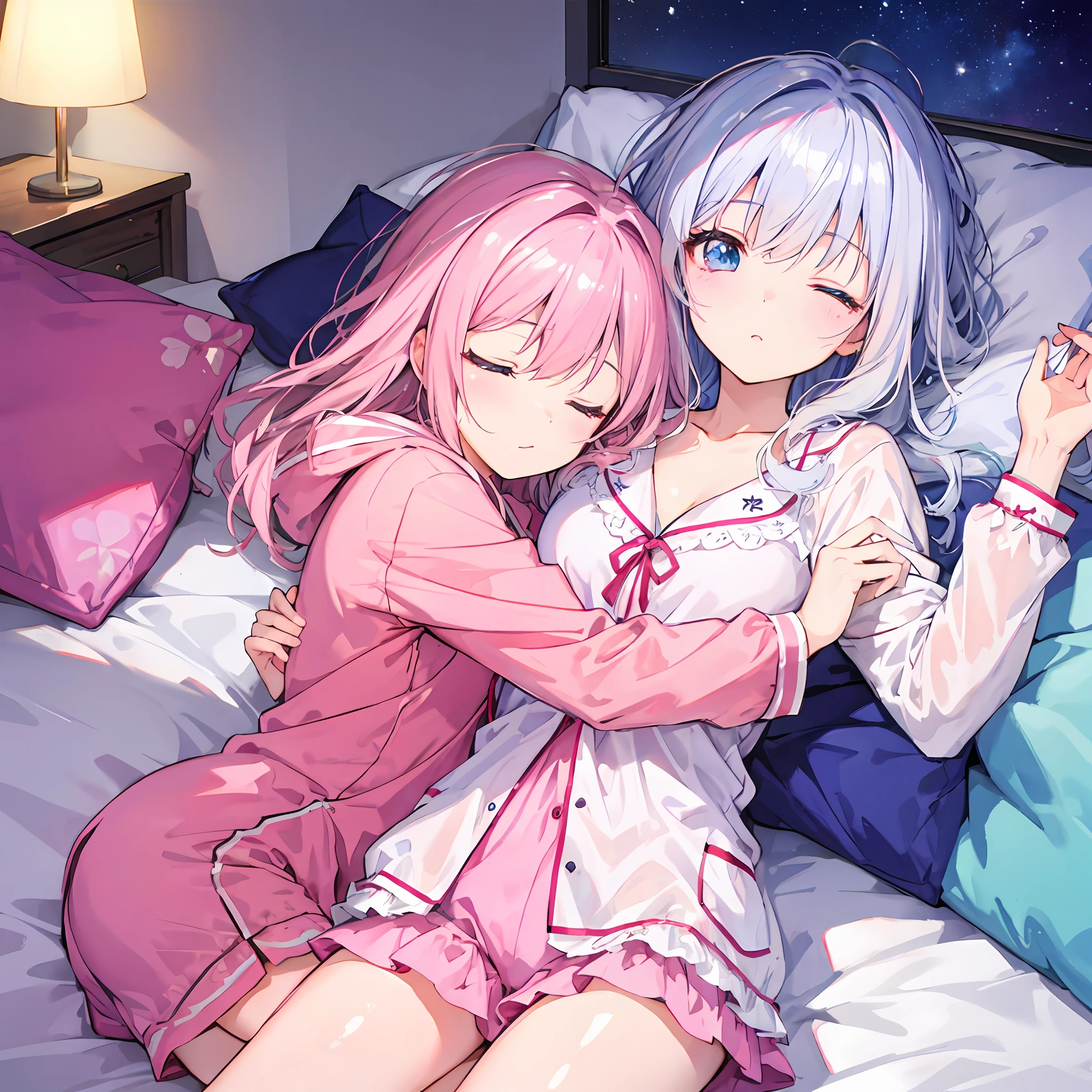 best-quality、master masterpiece、high-definition、extremely hyper detailed、4 k、only girl、cuddly、anime、crystal clear white skin、Functional、the whole body、junior high school student、14 years ol、(Hair color is shiny light pink)、Cute summer pajamas、Sleep like dead on a beautiful cute bed、Sleeping with eyes closed and mouth open、Midnight、cowboy shot