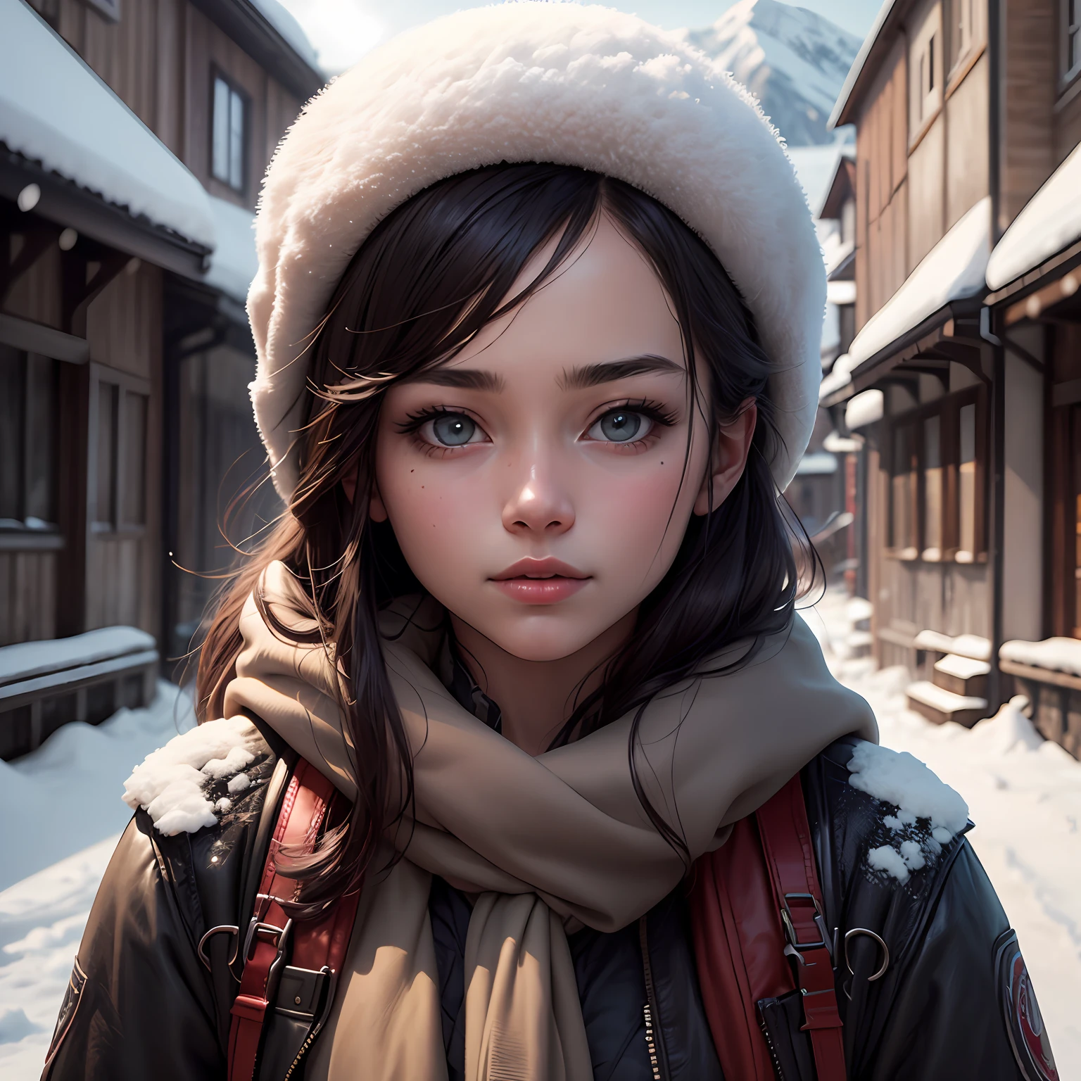 A beautiful portrait of a beautiful young girl, 25 years old, highly detail, HDR, portrait photography, snow mountain cap backgound, camera looking straight, cinematic look, HD --auto