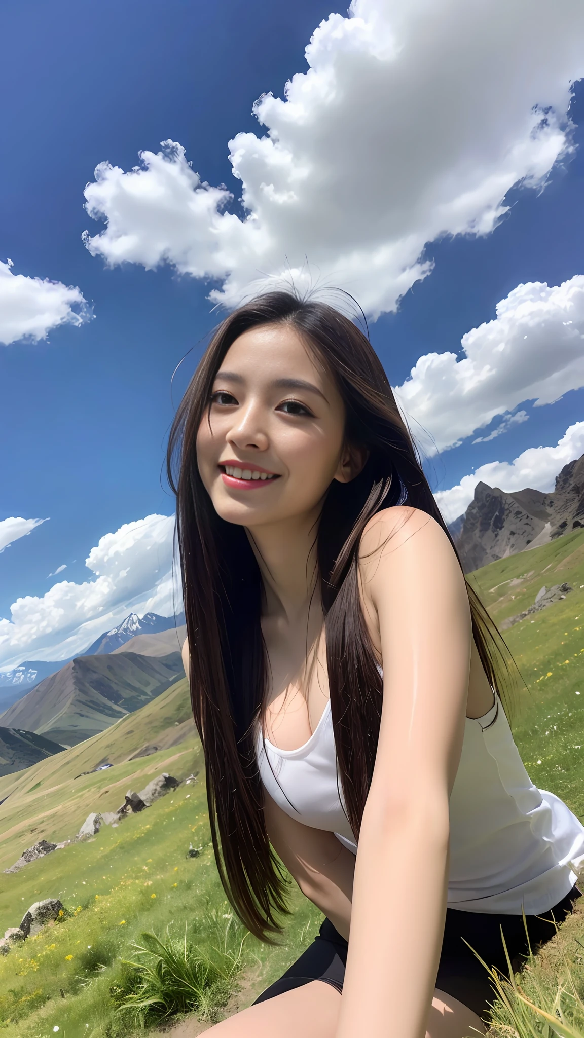 ((best quality, 8k, masterpiece:1.3)), a beautiful girl, pure, melon face, gentle and cute, thin figure, (frontal), (tilted head), looking directly into the camera, [detached sleeves::0], [collared shirt::0], [capri pants::0], black silky long straight hair, long hair flowing over the shoulders, round black big eyes, clear big eyes, moist red lips, sweet smile, sitting, hands on knees, Blue sky and white clouds, sunshine, grassland, mountain peaks, northern view of Tibetan grassland
