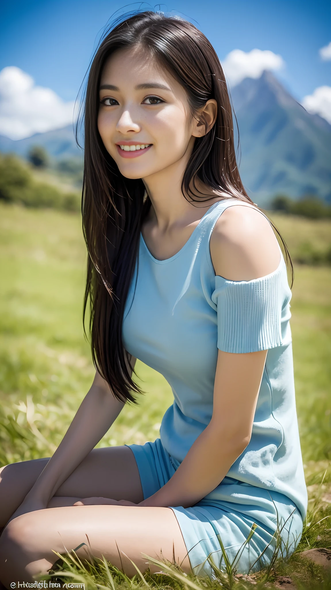 ((best quality, 8k, masterpiece:1.3)), a beautiful girl, pure, melon face, gentle and cute, thin figure, (frontal), (tilted head), looking directly into the camera, [detached sleeves::0], [collared shirt::0], [capri pants::0], black silky long straight hair, long hair flowing over the shoulders, round black big eyes, clear big eyes, moist red lips, sweet smile, sitting, hands on knees, Blue sky and white clouds, sunshine, grassland, mountain peaks, northern view of Tibetan grassland